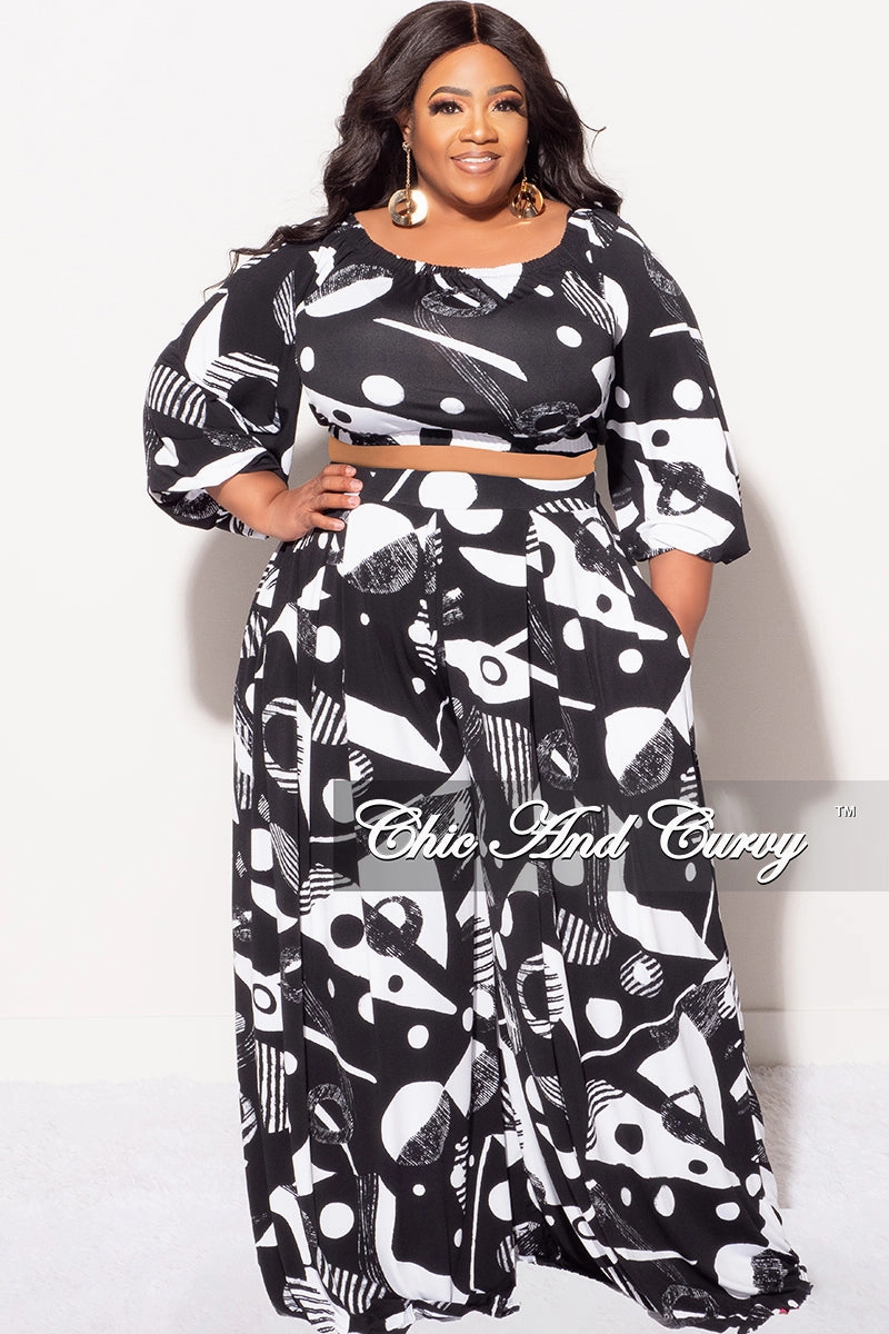 Final Sale Plus Size 2pc Puffy Sleeve Crop Top and Palazzo Pants Set in Black and White Stretchy Material Breathable Weave Fabric