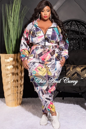 Final Sale Plus Size 2pc Hooded Crop Zip Up Jacket and Jogger Pants Set in Yellow, Pink and Mustard Multi Color Print Non slip grip Trendy Layering