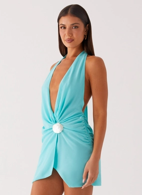 Eleanora Plunge Mini Dress - Turquoise Cozy Layers Draped Layer