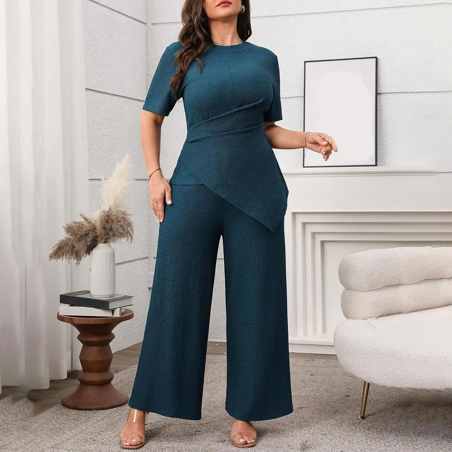 Elegant Knit Cotton Lounge Set Women 2 Piece Short Sleeve Slim Fit Irregular Hem T-Shirt and Wide Leg Pants Outfit