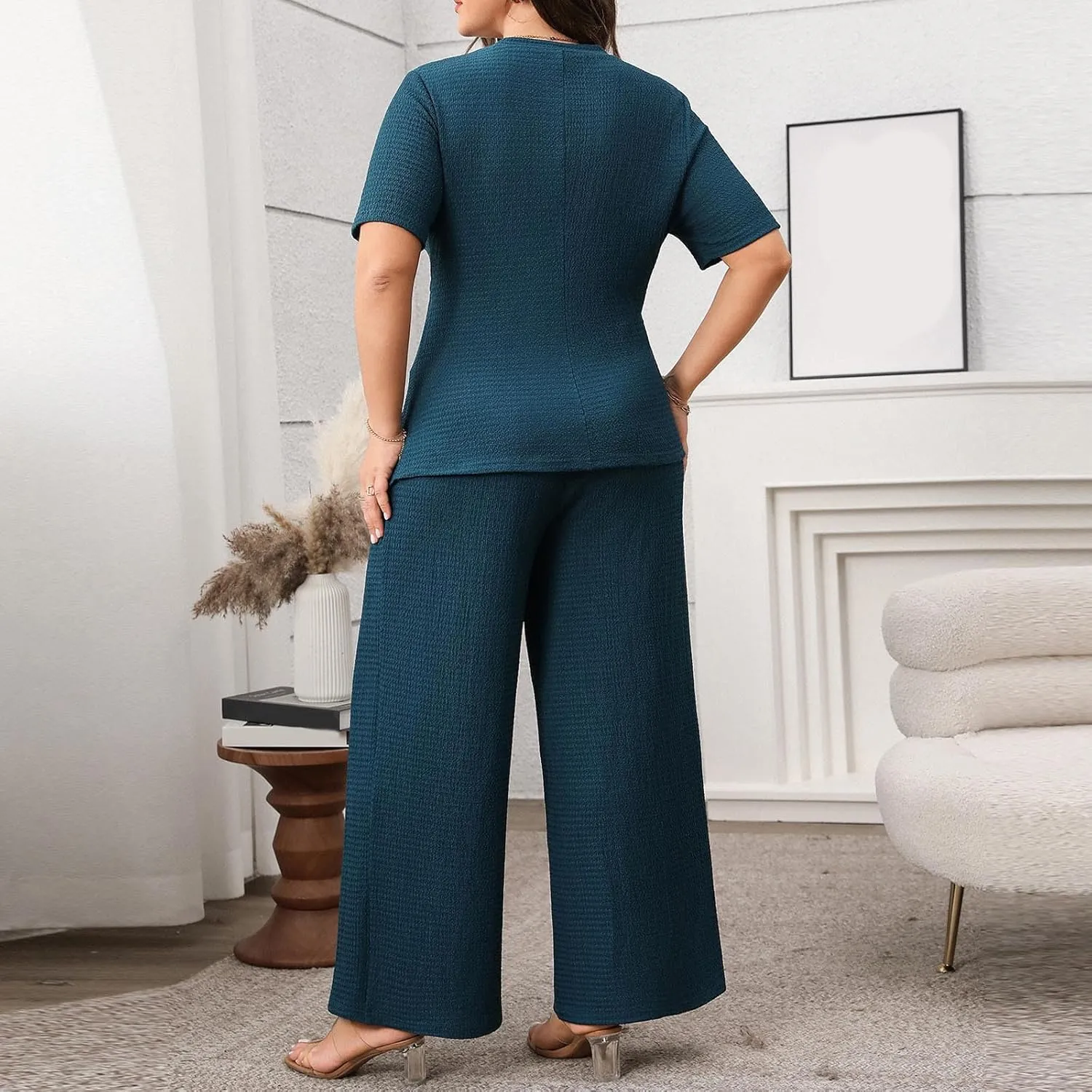 Elegant Knit Cotton Lounge Set Women 2 Piece Short Sleeve Slim Fit Irregular Hem T-Shirt and Wide Leg Pants Outfit