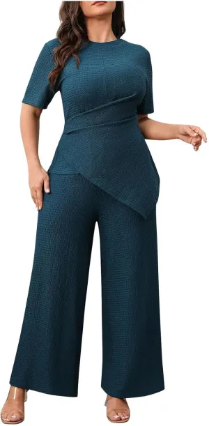 Elegant Knit Cotton Lounge Set Women 2 Piece Short Sleeve Slim Fit Irregular Hem T-Shirt and Wide Leg Pants Outfit