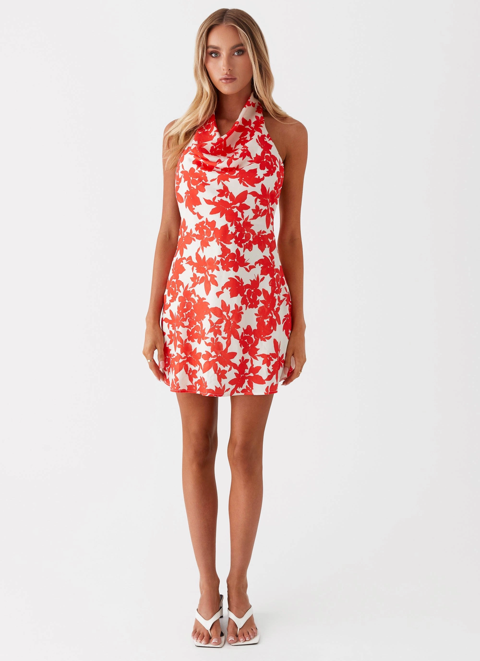 Carmine Bouquet Cowl Neck Mini Dress - Red Floral Elegance Glow