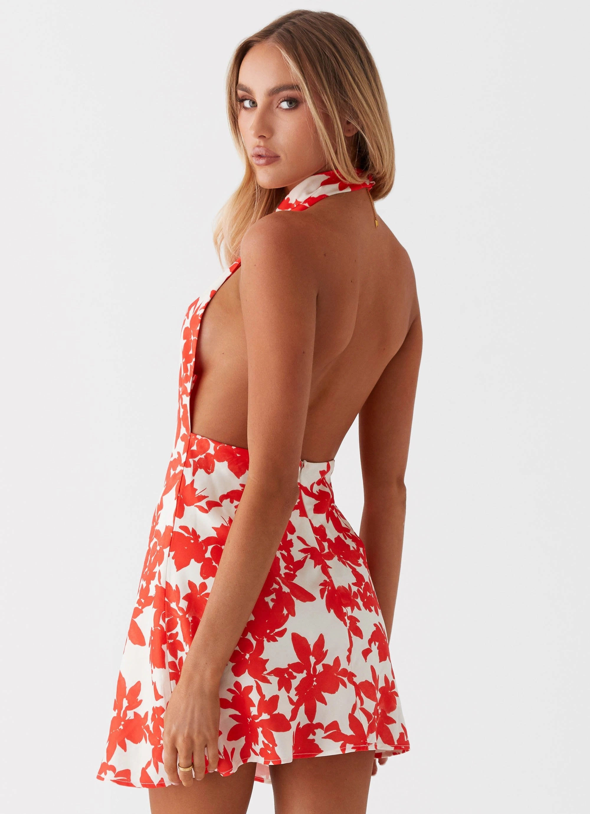 Carmine Bouquet Cowl Neck Mini Dress - Red Floral Dew Glow Art Event