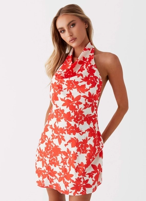 Chilly Day Wear Carmine Bouquet Cowl Neck Mini Dress - Red Floral