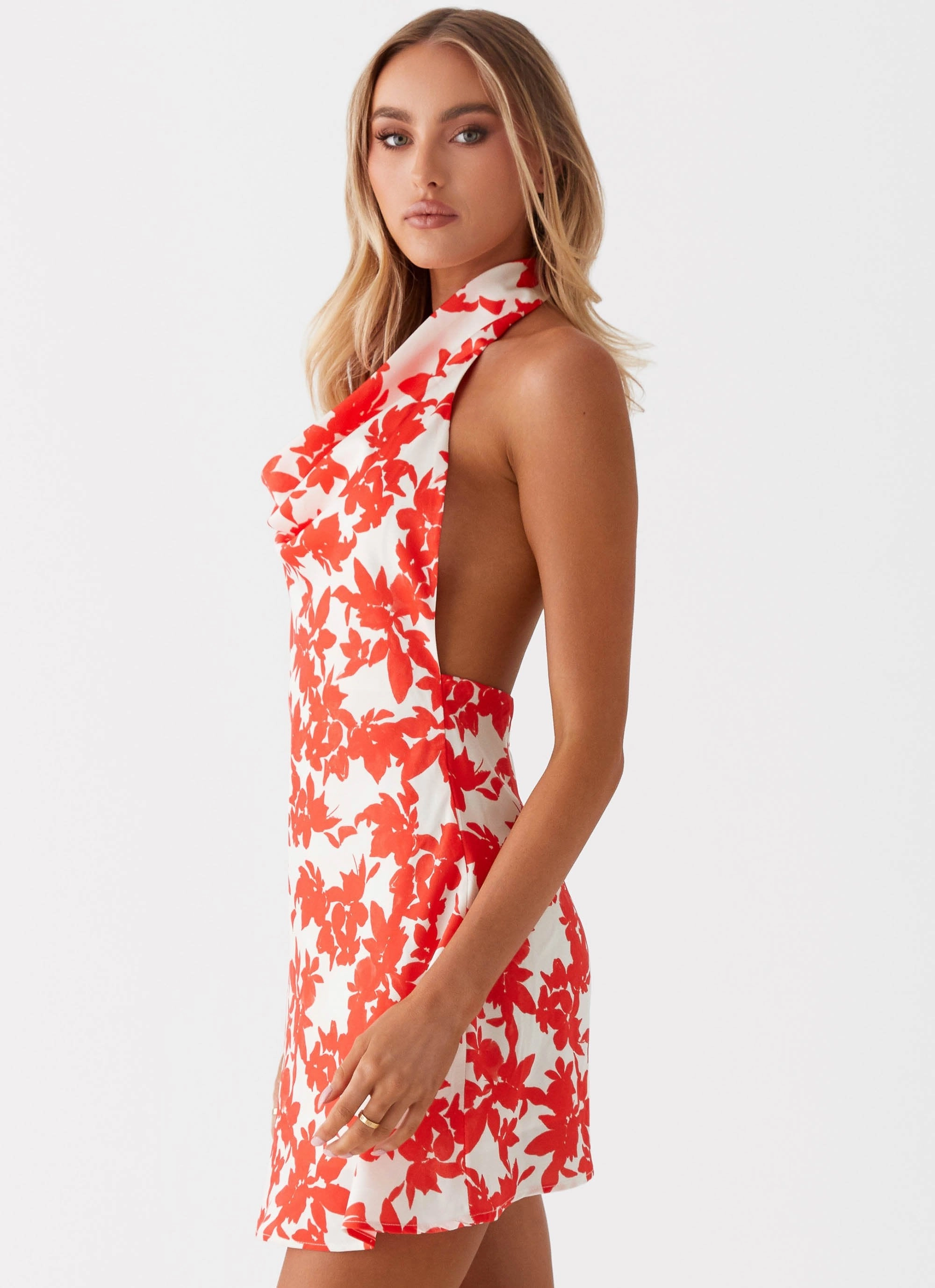 Feminine flowing piece Carmine Bouquet Cowl Neck Mini Dress - Red Floral