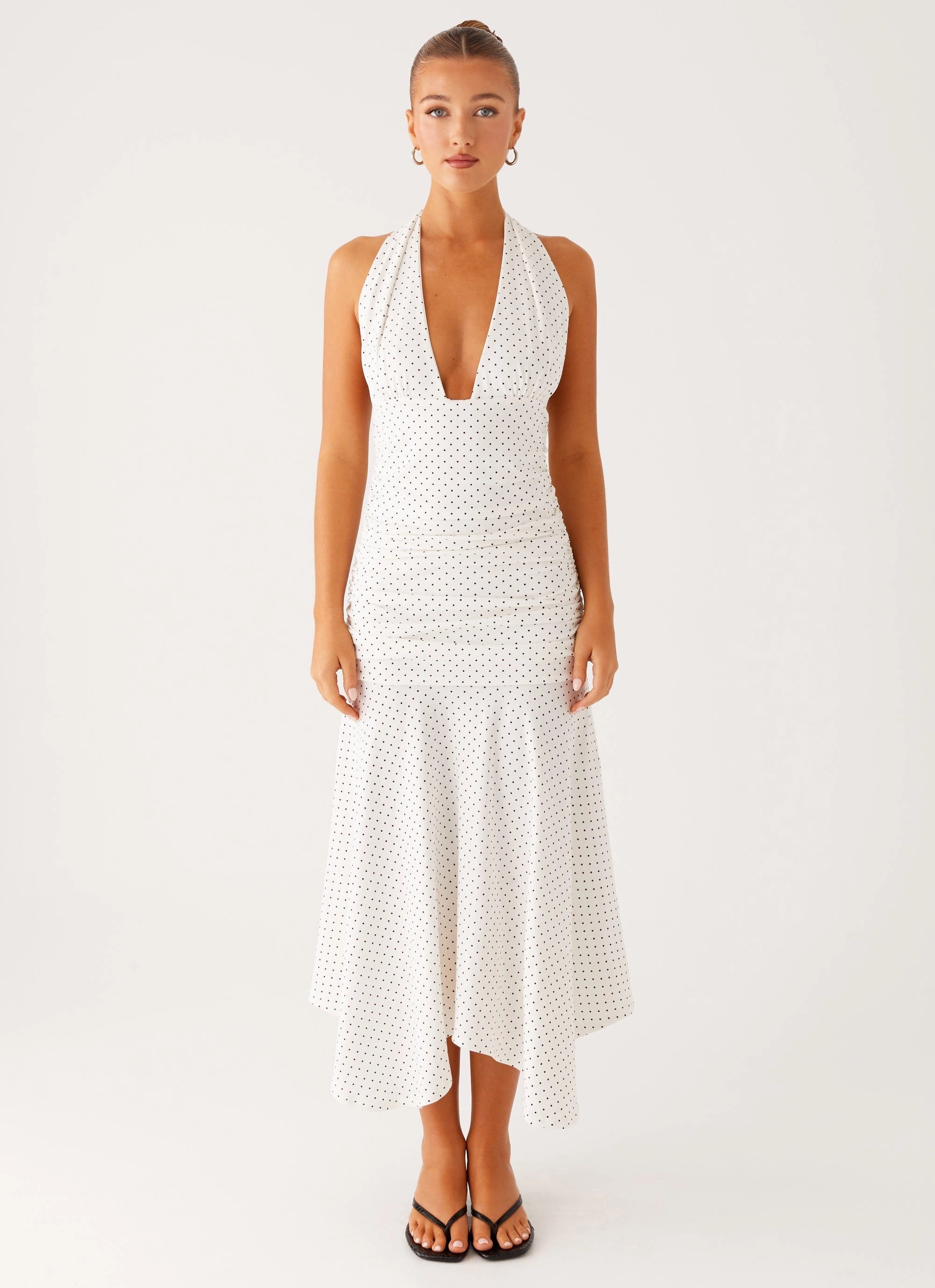 Grettana Halter Neck Midi Dress - White Polka Dot Feminine Charm