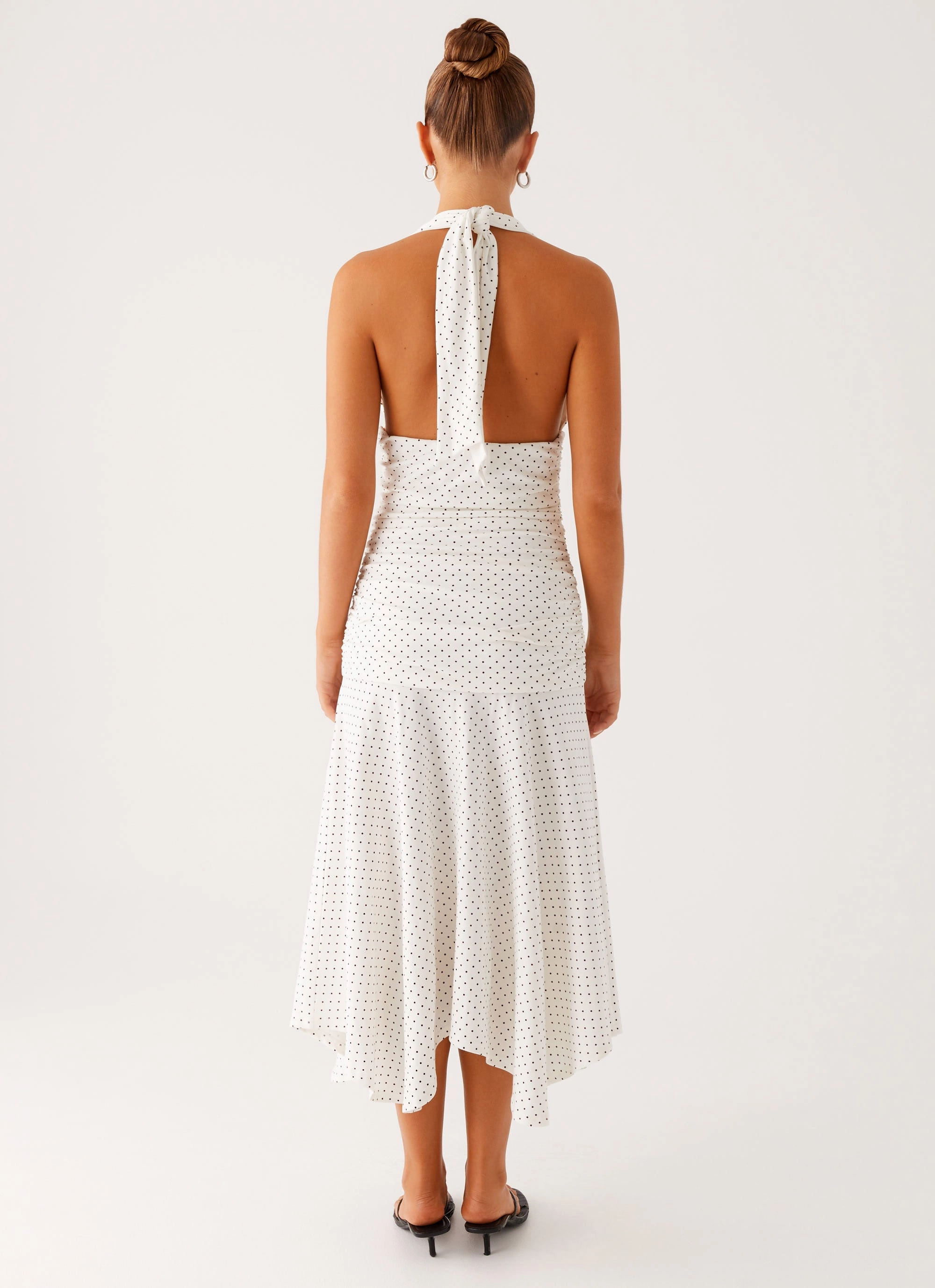 Grettana Halter Neck Midi Dress - White Polka Dot Soft Drape Quilted-Lining