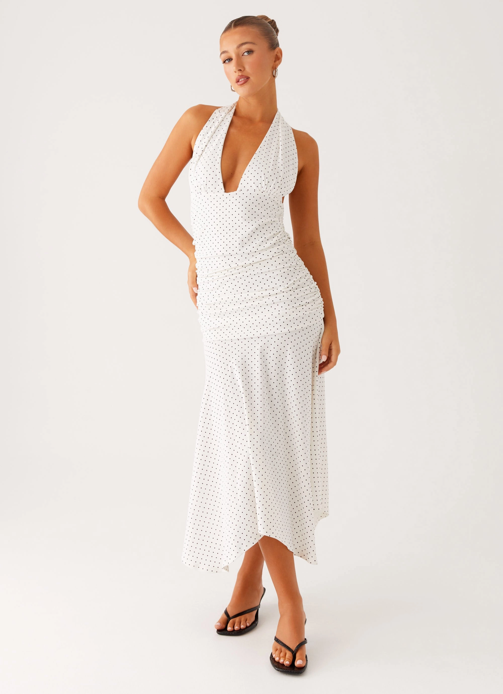 Grettana Halter Neck Midi Dress - White Polka Dot Anti-bacterial Trendy summer outfit