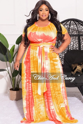 Quick Release Closure Final Sale Plus Size 2pc Set Cropped Tie Top & Pants in Yellow Pink and White Tie Dye Print