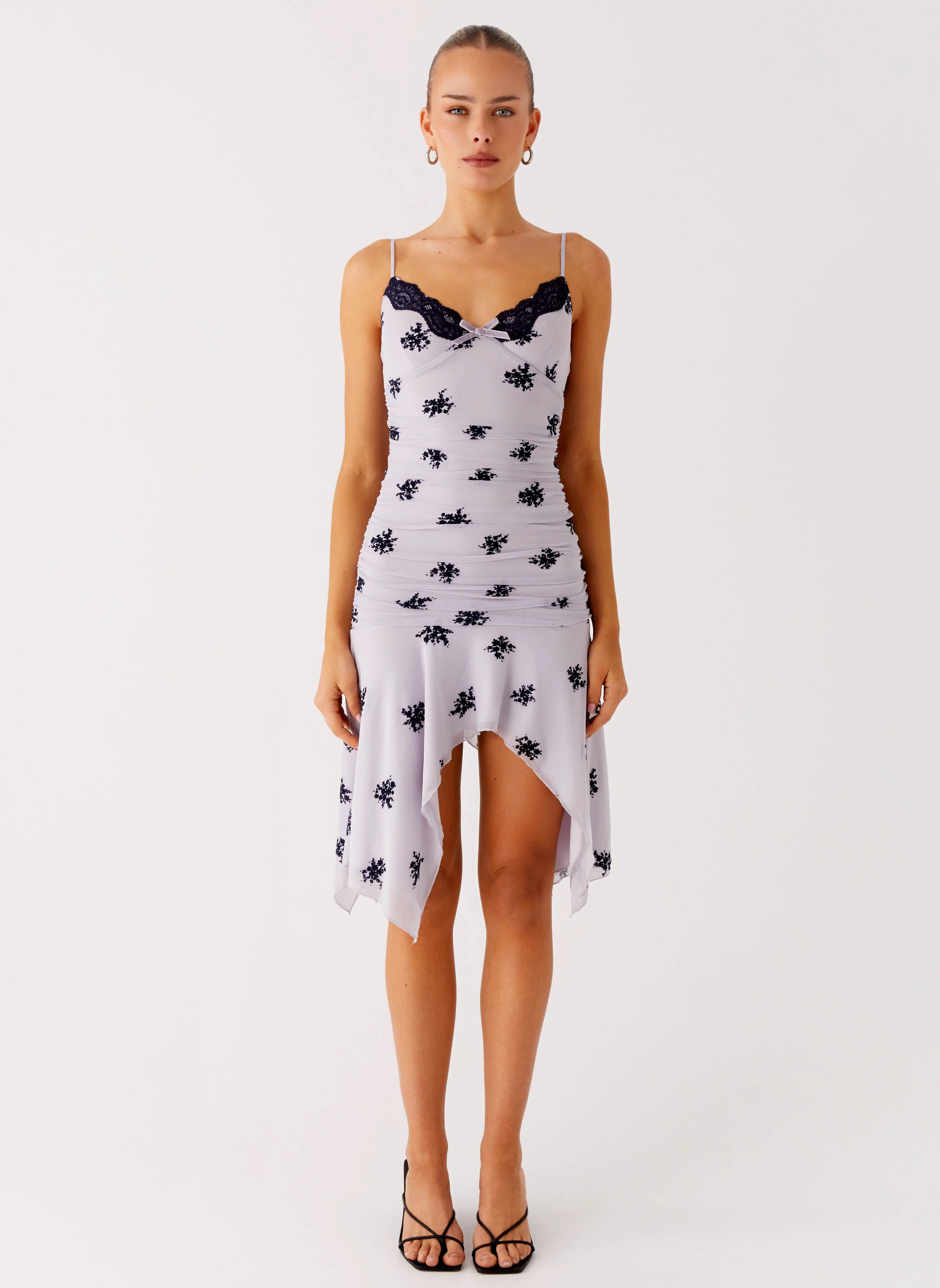 Modern Soft Draped Silhouette Amor Flock Hanky Mini Dress - Lilac
