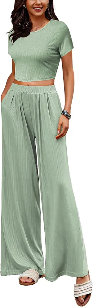ELESOL 2 Piece Lounge Set Ribbed Knit Loungewear Sleeveless Tank Plus Sizes Sleepwear Fashion wear