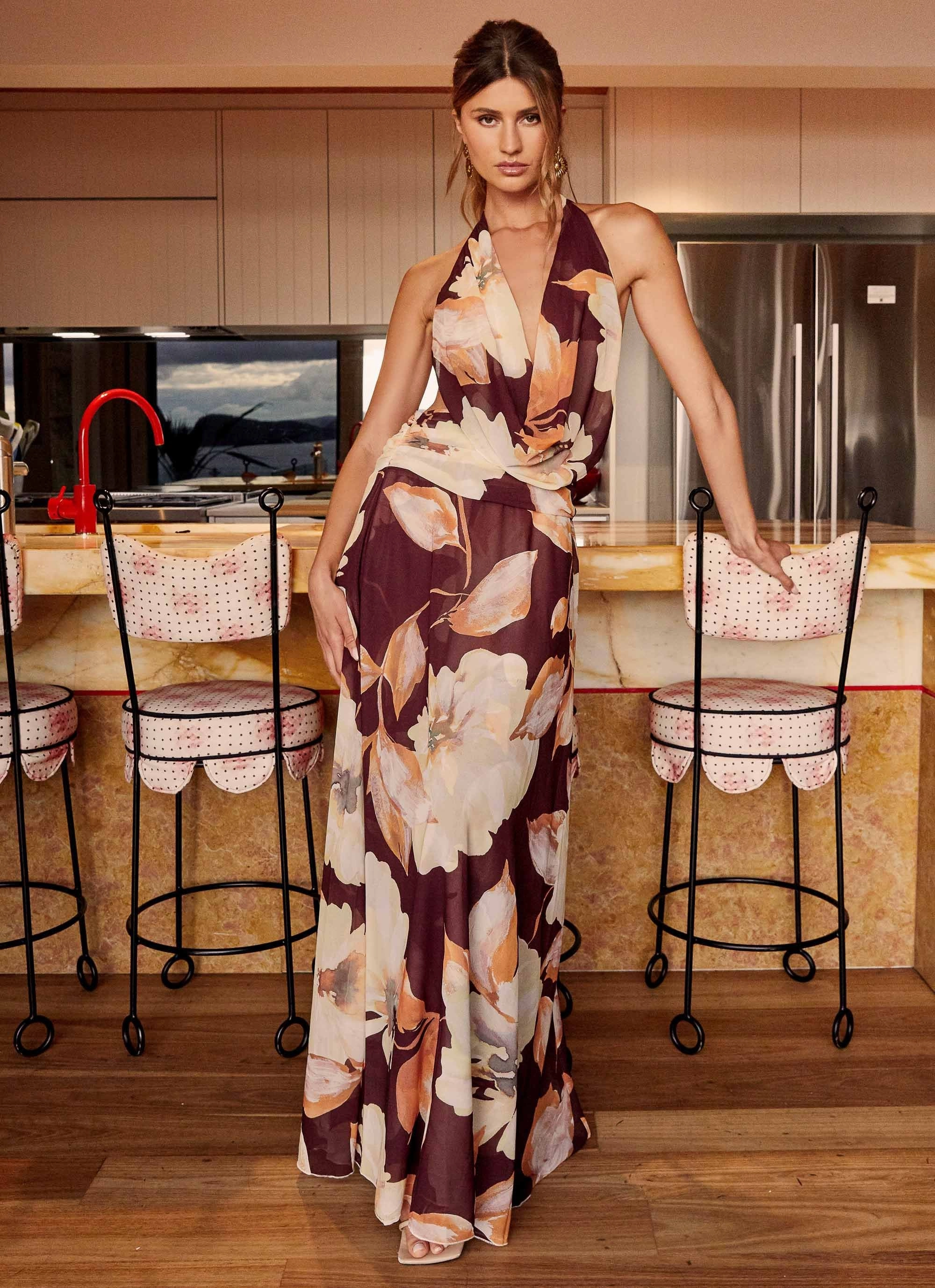 Elysia Chiffon Maxi Dress - Brown Floral Urban appeal Contemporary Vibe