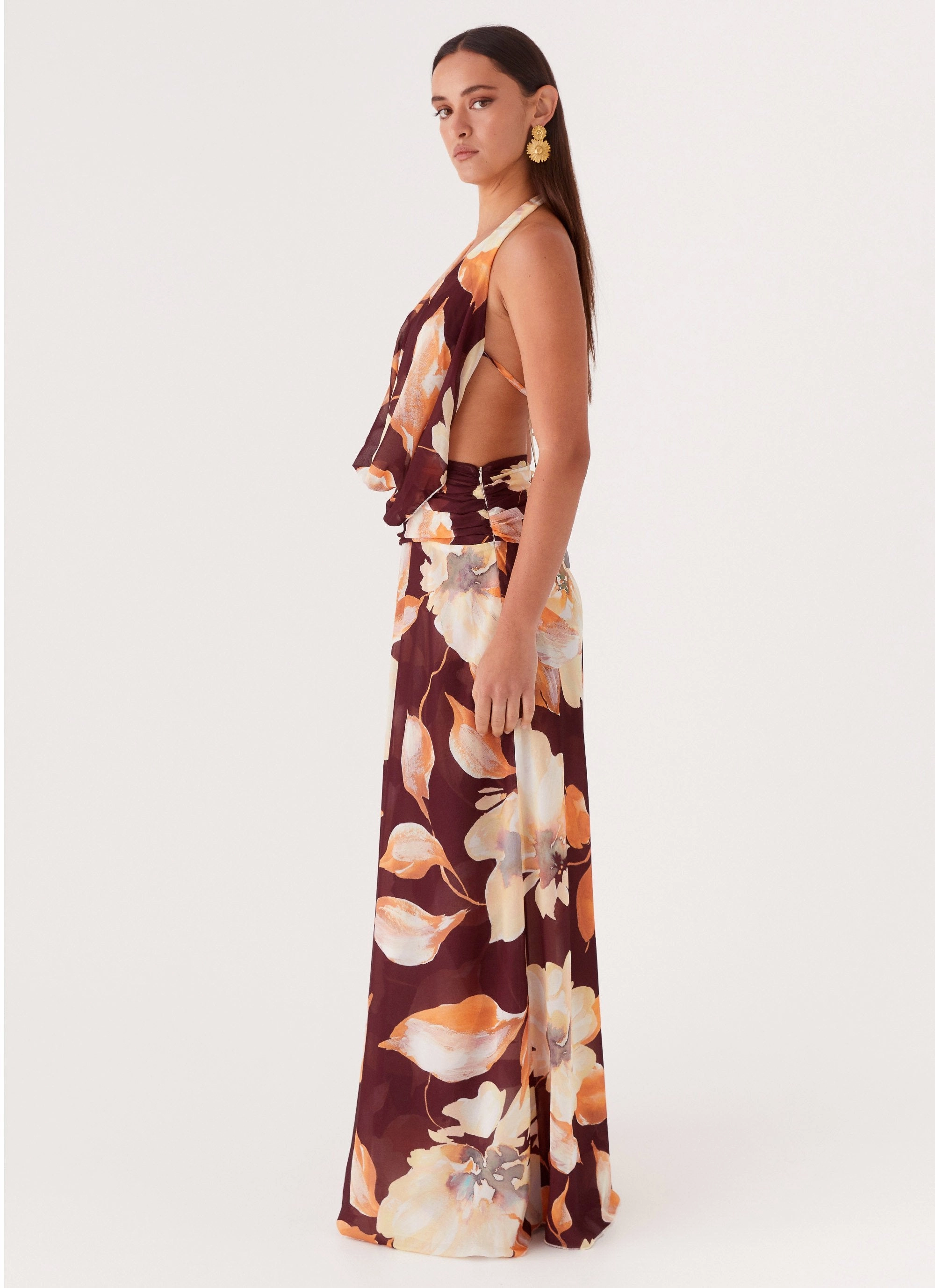 Elysia Chiffon Maxi Dress - Brown Floral Warm Undertone Air Layer