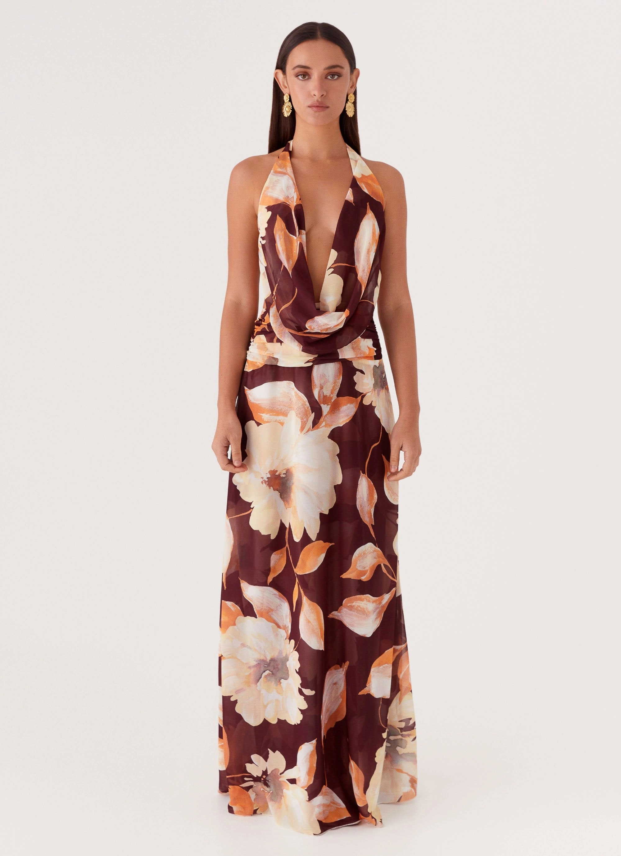 Standout Feature Floating Shape Elysia Chiffon Maxi Dress - Brown Floral