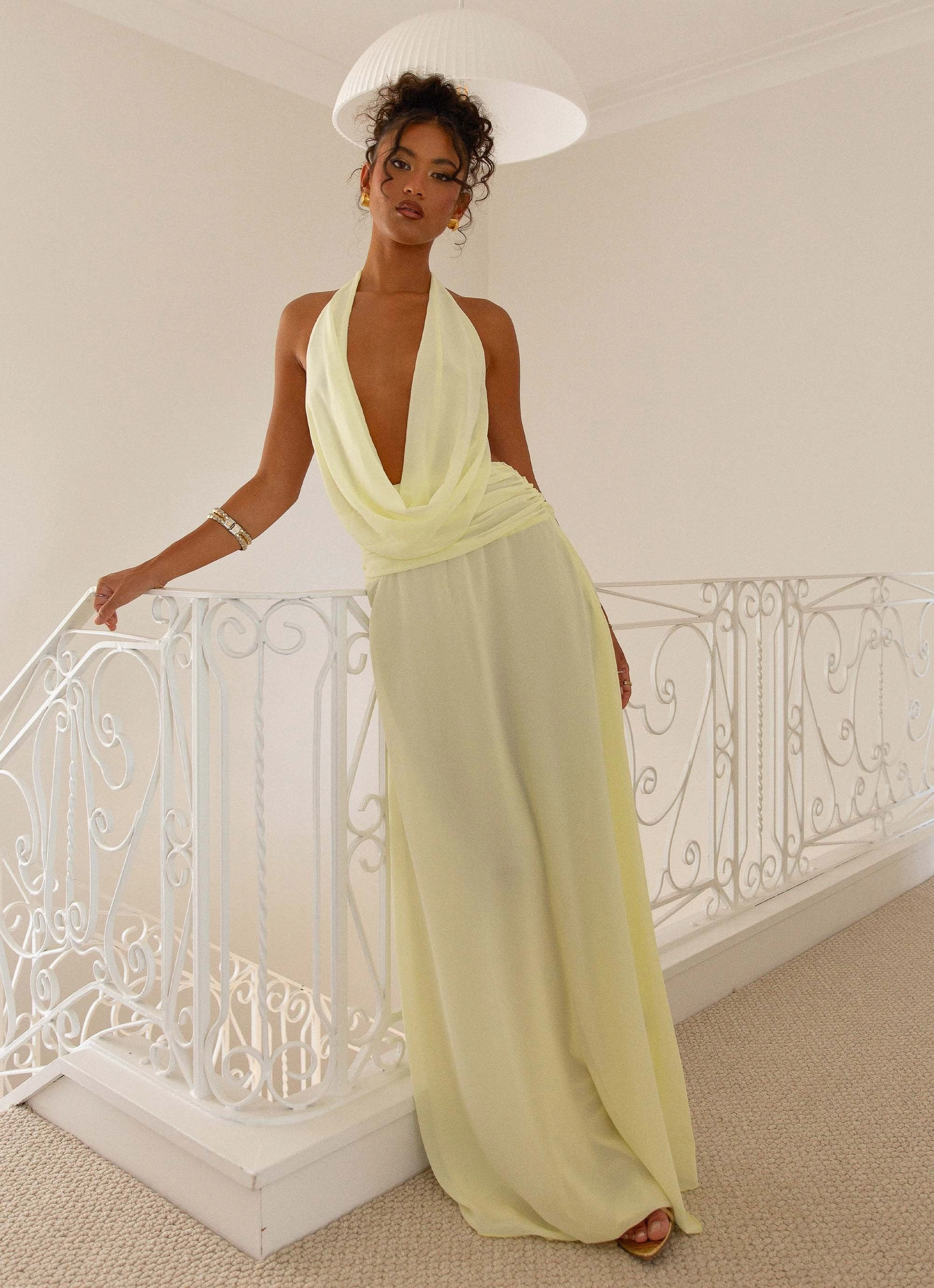 Elysia Chiffon Maxi Dress - Lemon Cozy Drape Brunch Fit