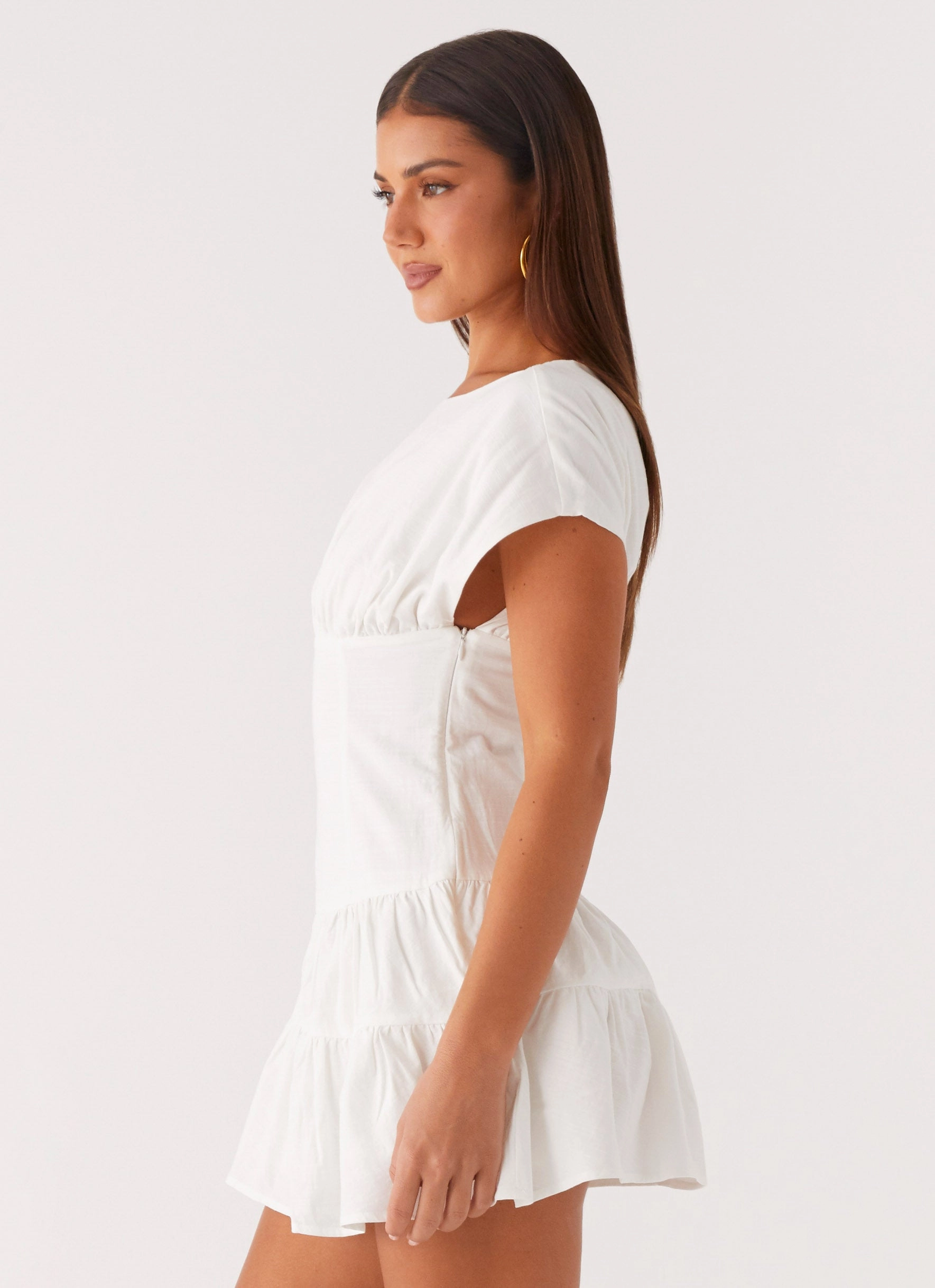 Elegant Mature Premium Fabric Ember Haze Boat Neck Mini Dress - Off White