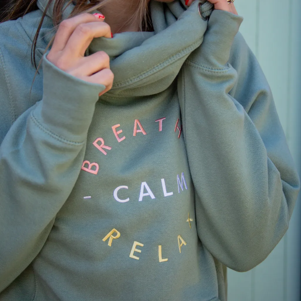 Embroidered Breathe Calm Relax Cross Neck Hoodie in Dusty Green
