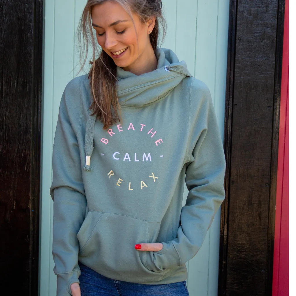 Embroidered Breathe Calm Relax Cross Neck Hoodie in Dusty Green