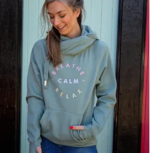 Embroidered Breathe Calm Relax Cross Neck Hoodie in Dusty Green