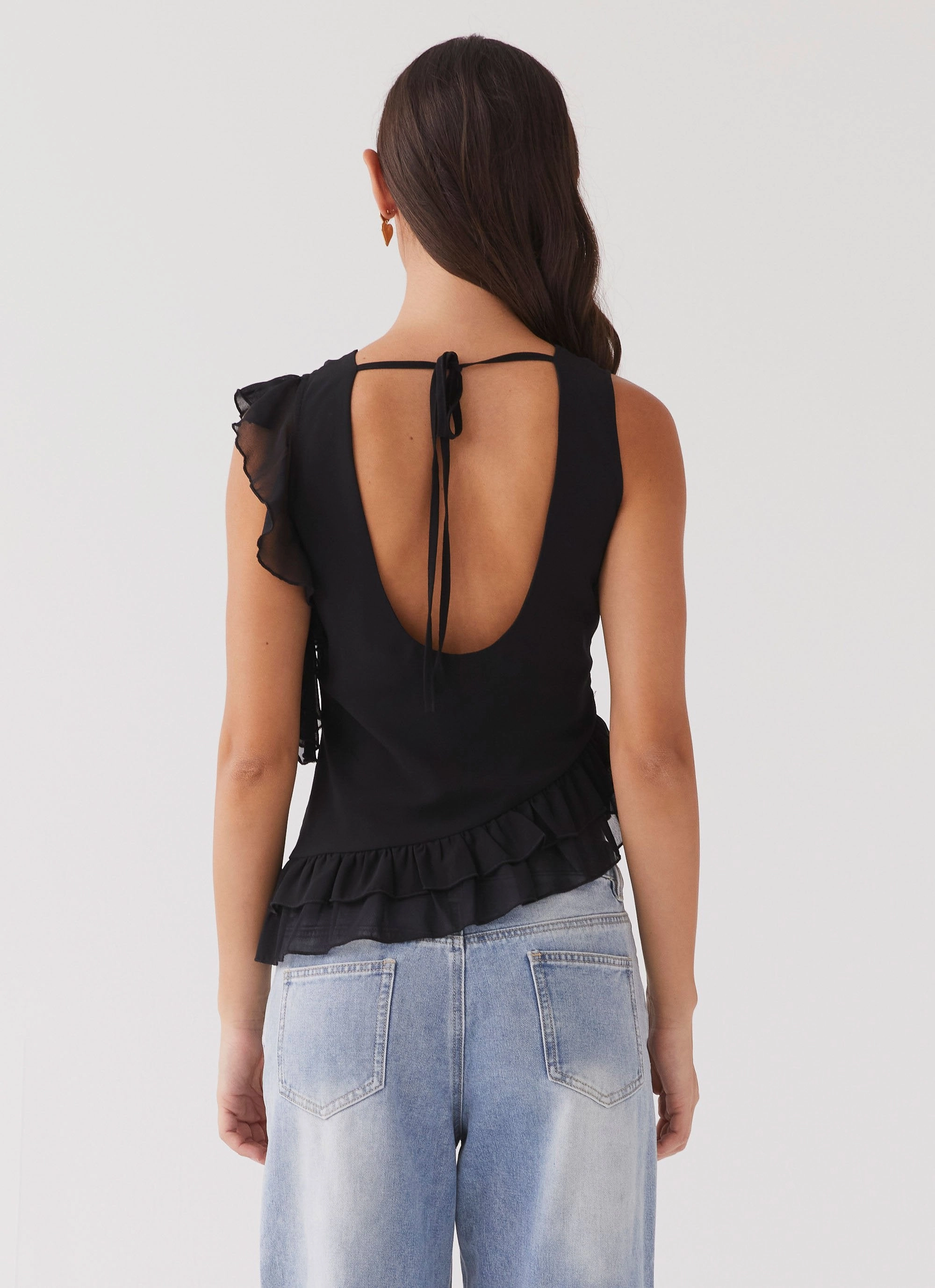 Adjustable Drawstring Waist Empress Frill Trim Top - Black