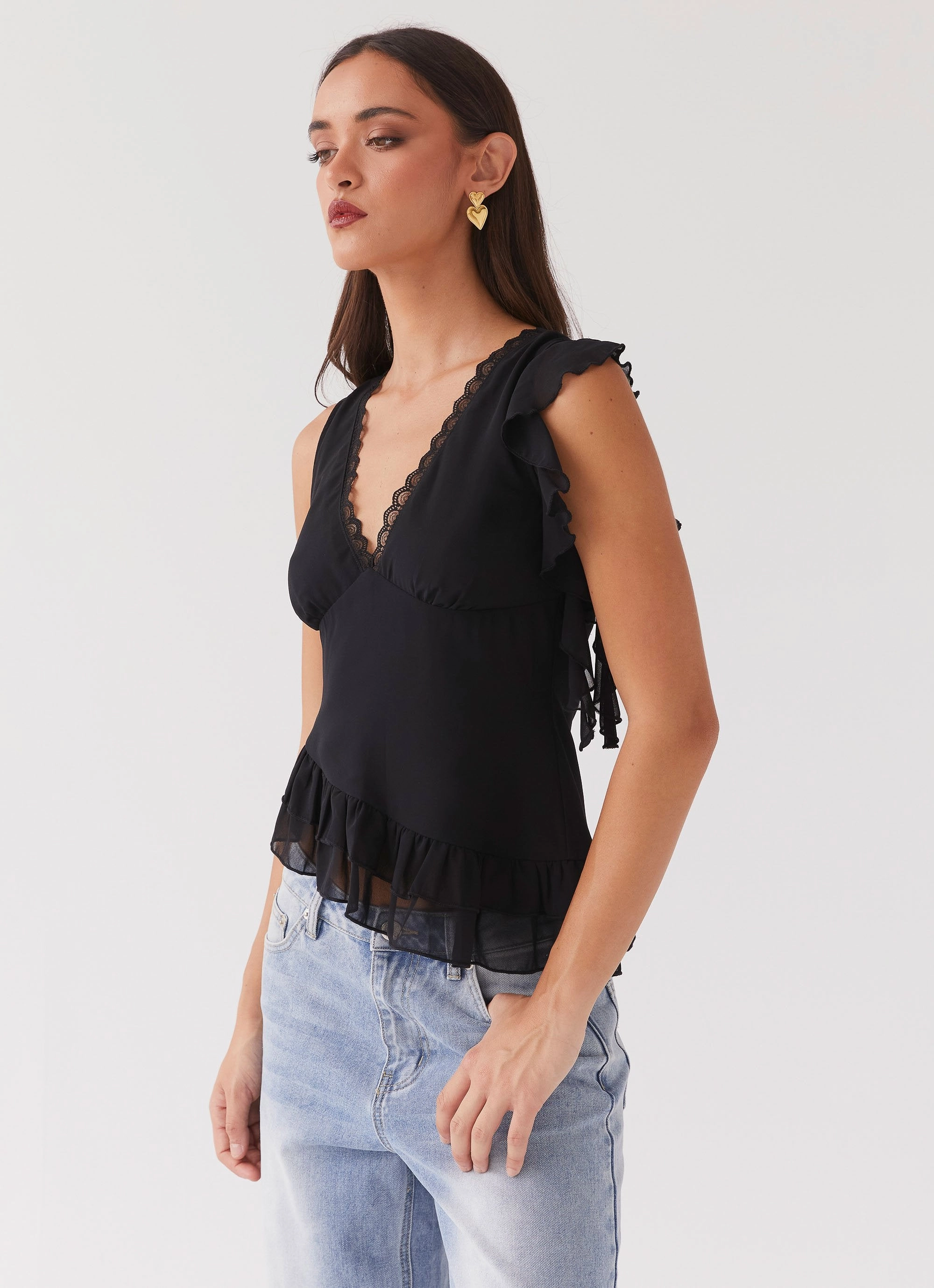 Empress Frill Trim Top - Black Hollow Fiber Fill