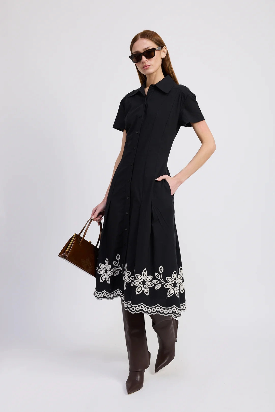 En Saison Isidora Midi Shirt Dress Black Natural Smart Layer Subtle Texture