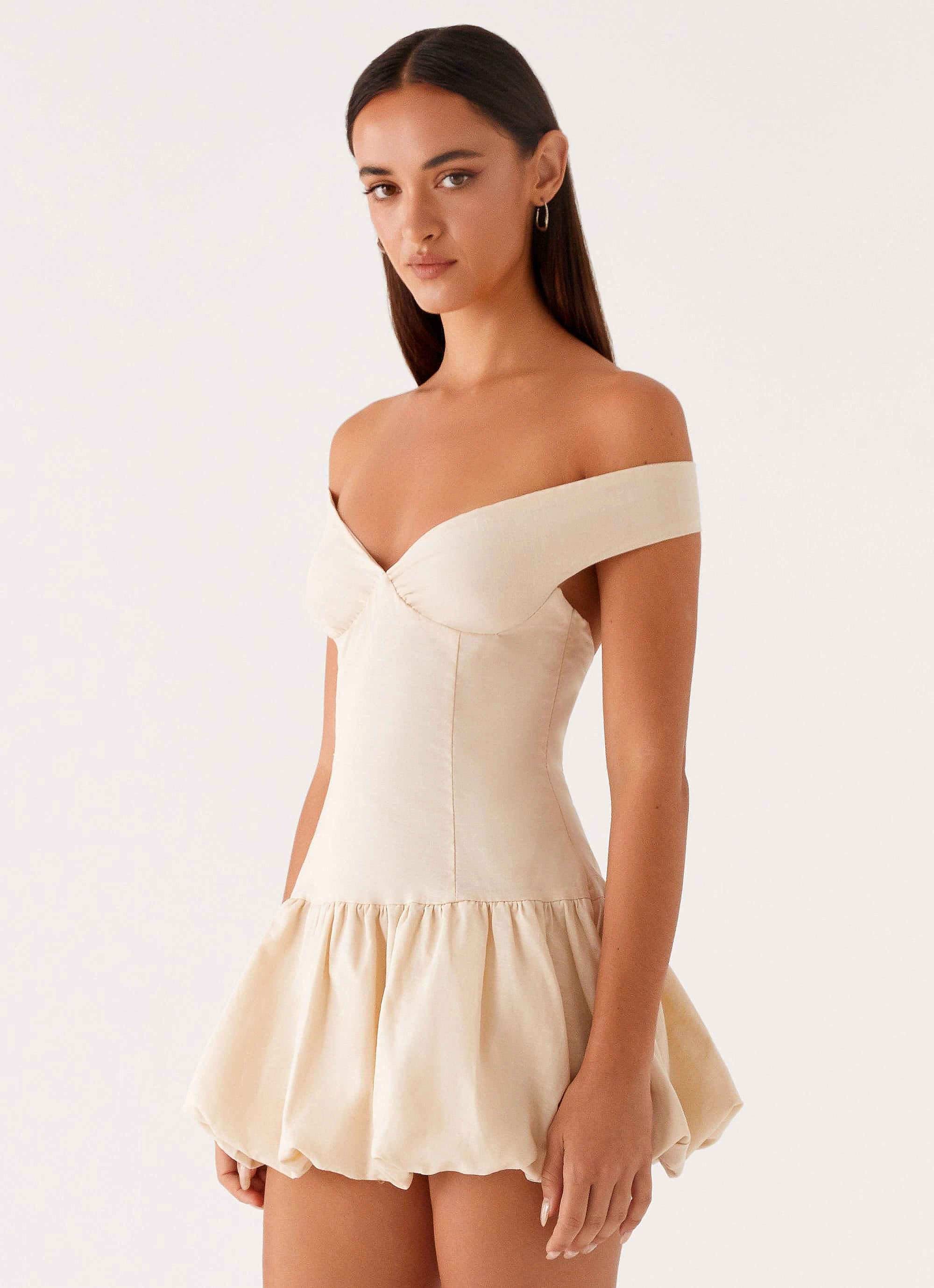 Pleat Breeze Endless Romance Off Shoulder Mini Dress - Butter
