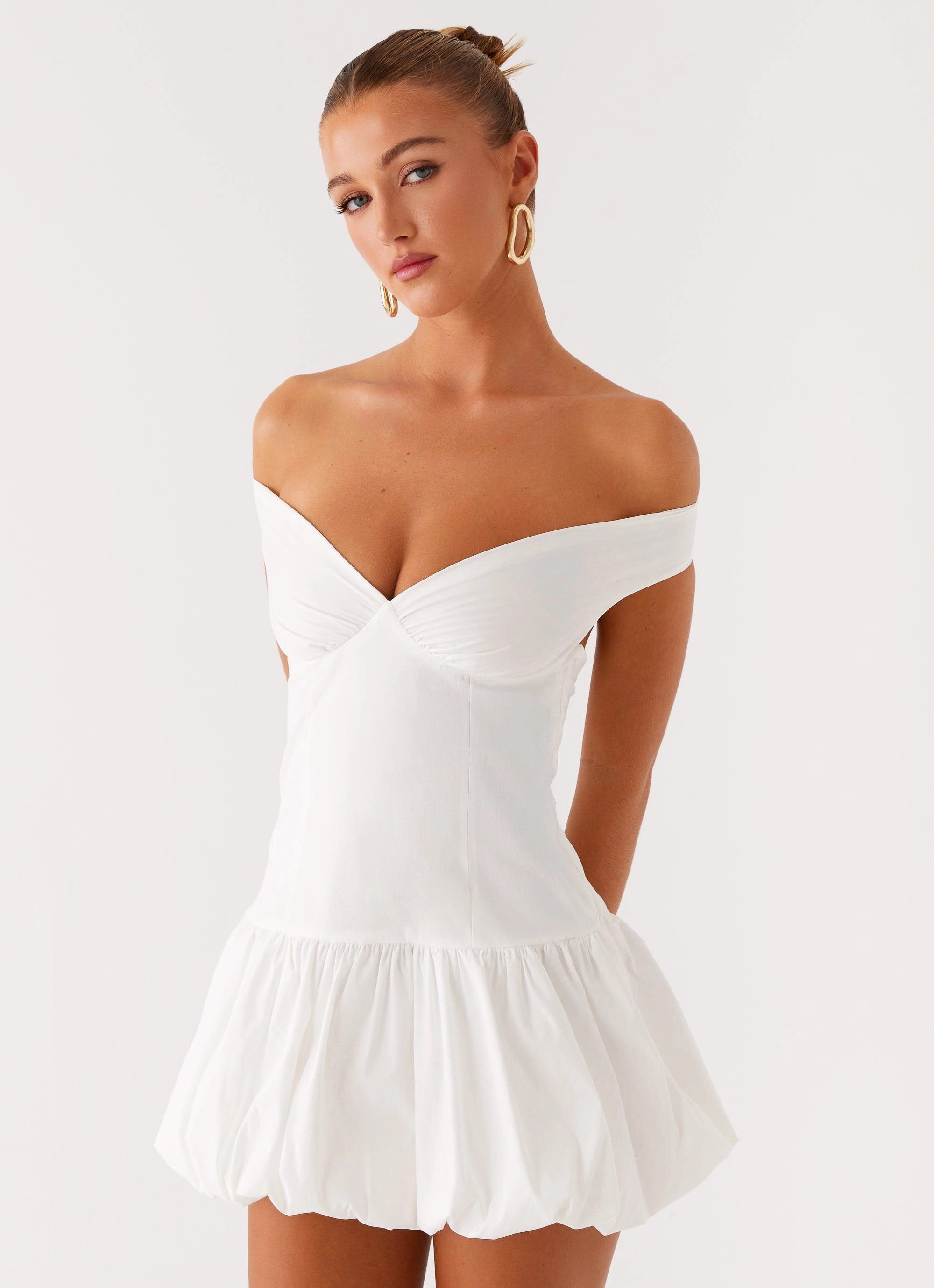 Endless Romance Off Shoulder Mini Dress - White Compressible Luxe Comfort