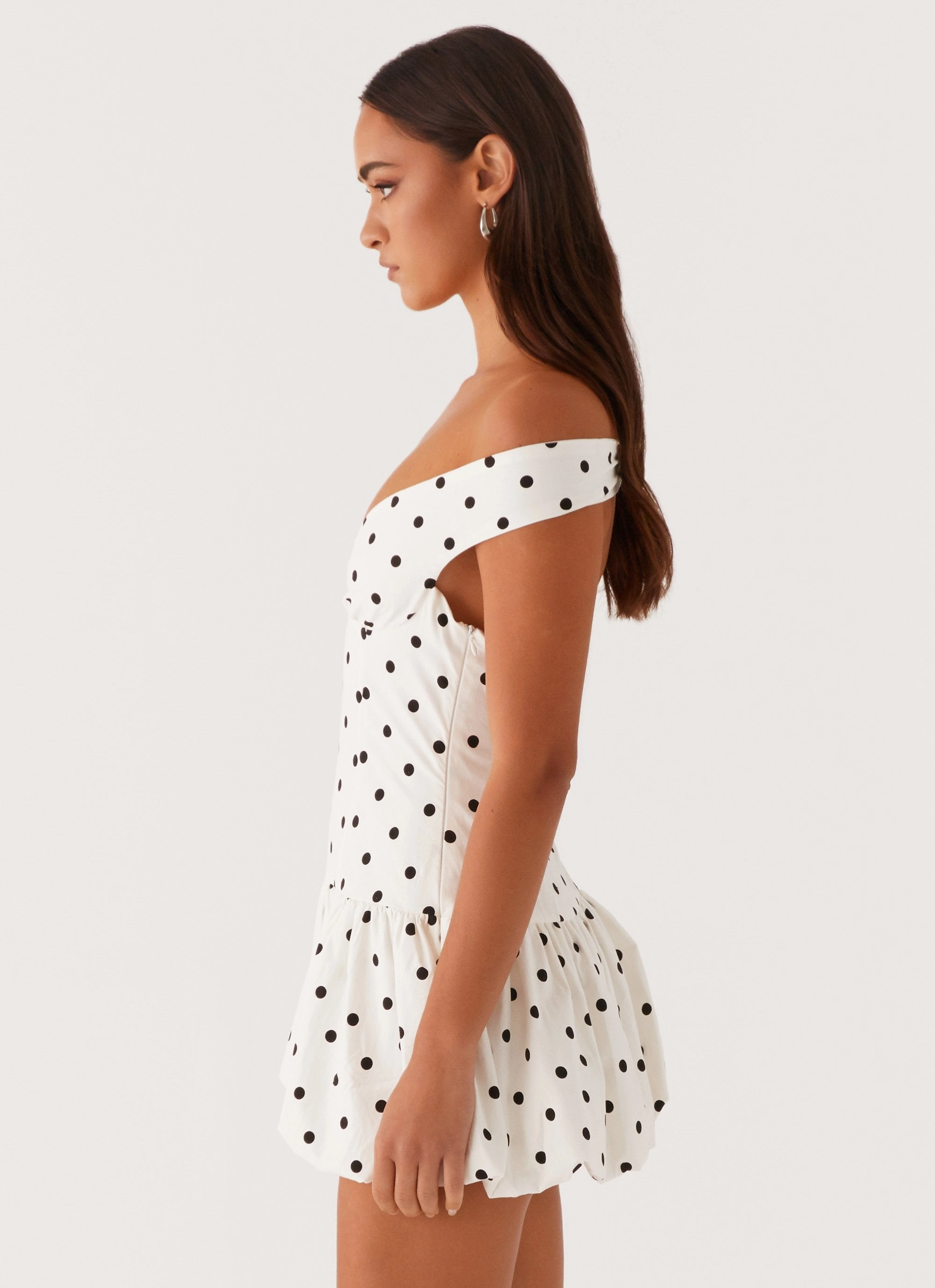Endless Romance Off Shoulder Mini Dress - White Polka Dot WideCollarDesign