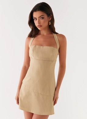 Erica Mini Dress - Beige Stripe Art Inspired Lounge Base