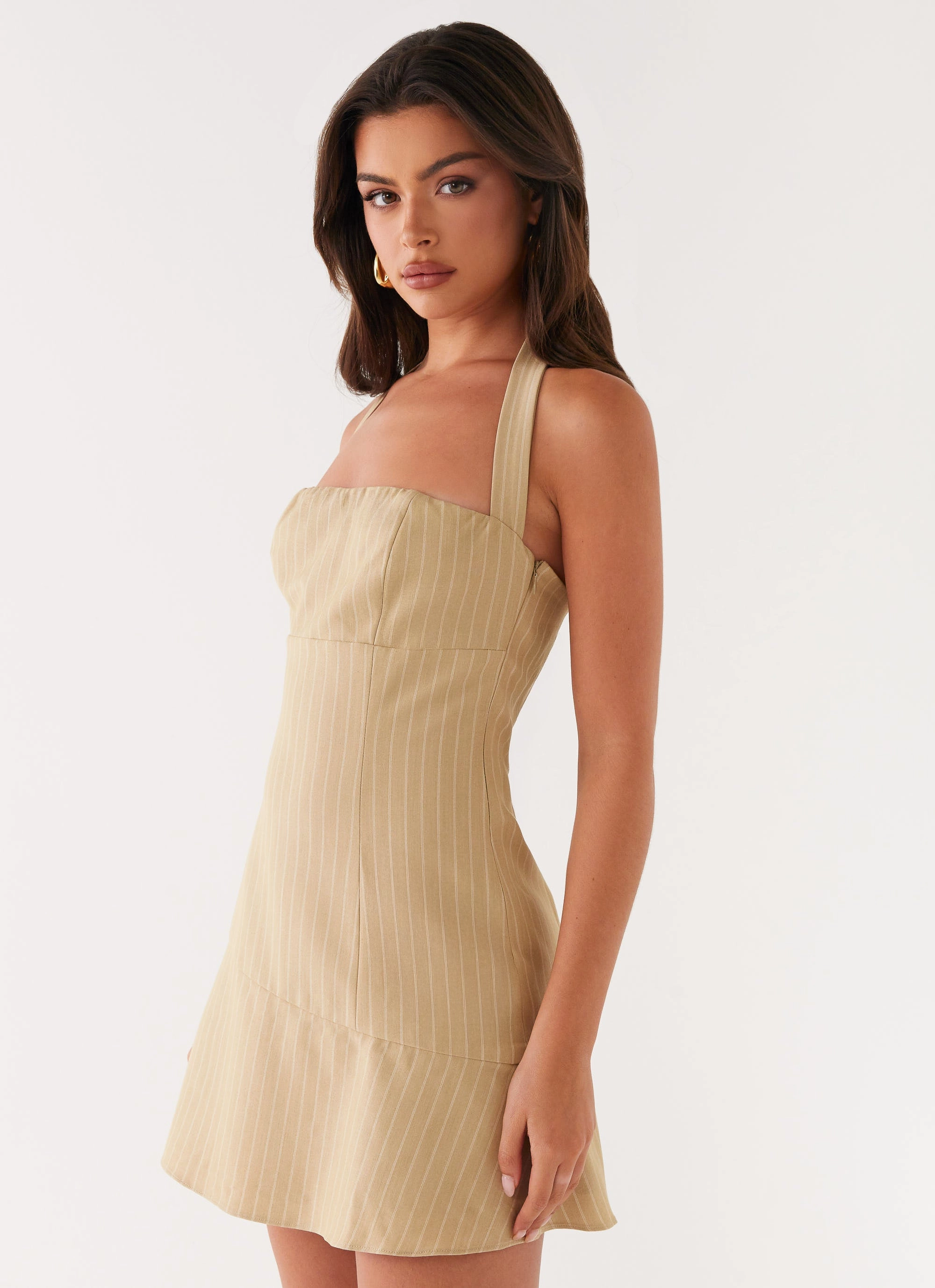Erica Mini Dress - Beige Stripe Statement Neck