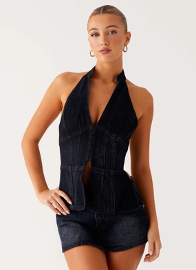 Built In Odor Control OEKOTEX Certified Fabric Esma Halter Top - Washed Dark Blue