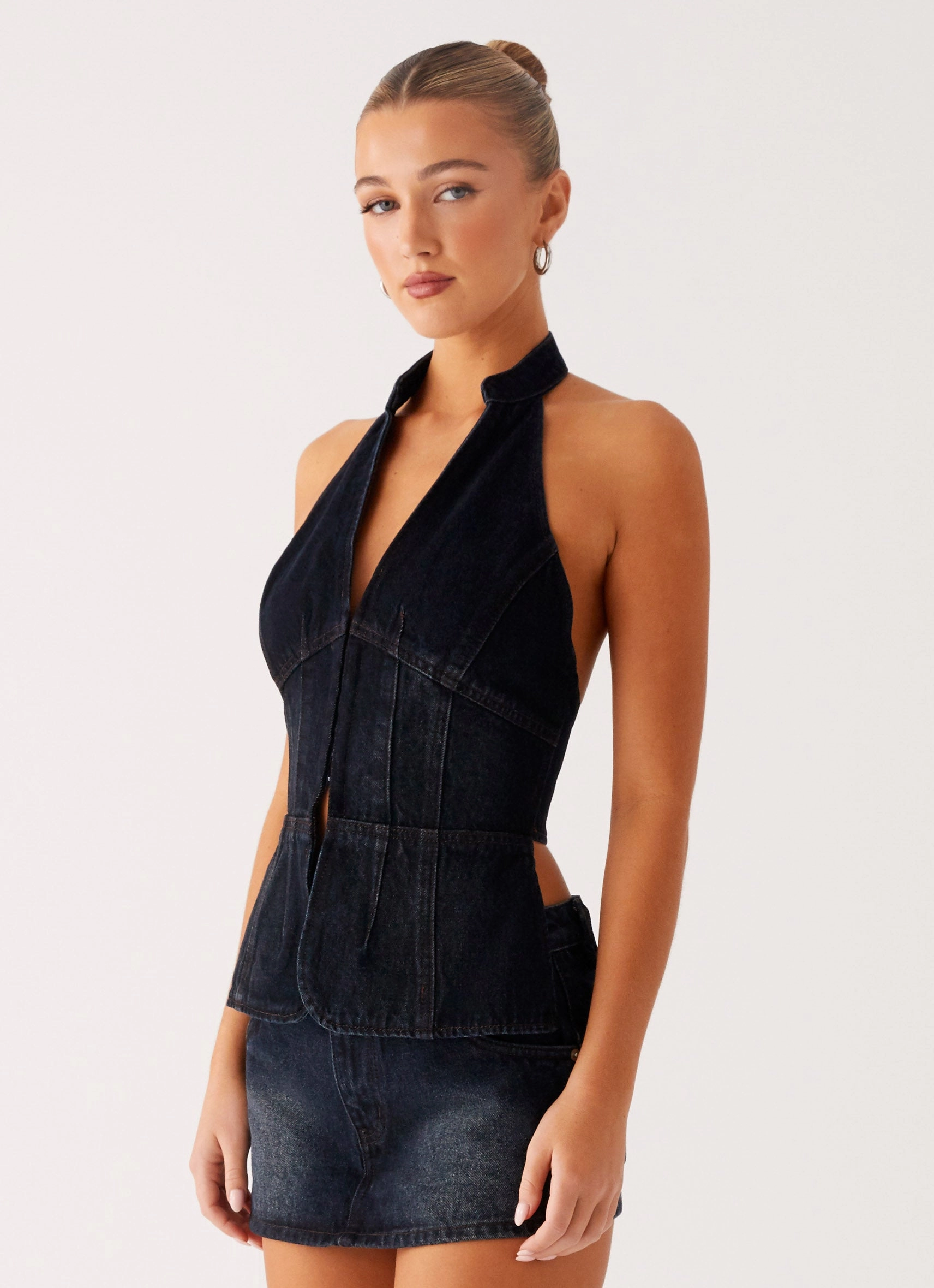 ButterySoftTextile Smooth Stitching Esma Halter Top - Washed Dark Blue
