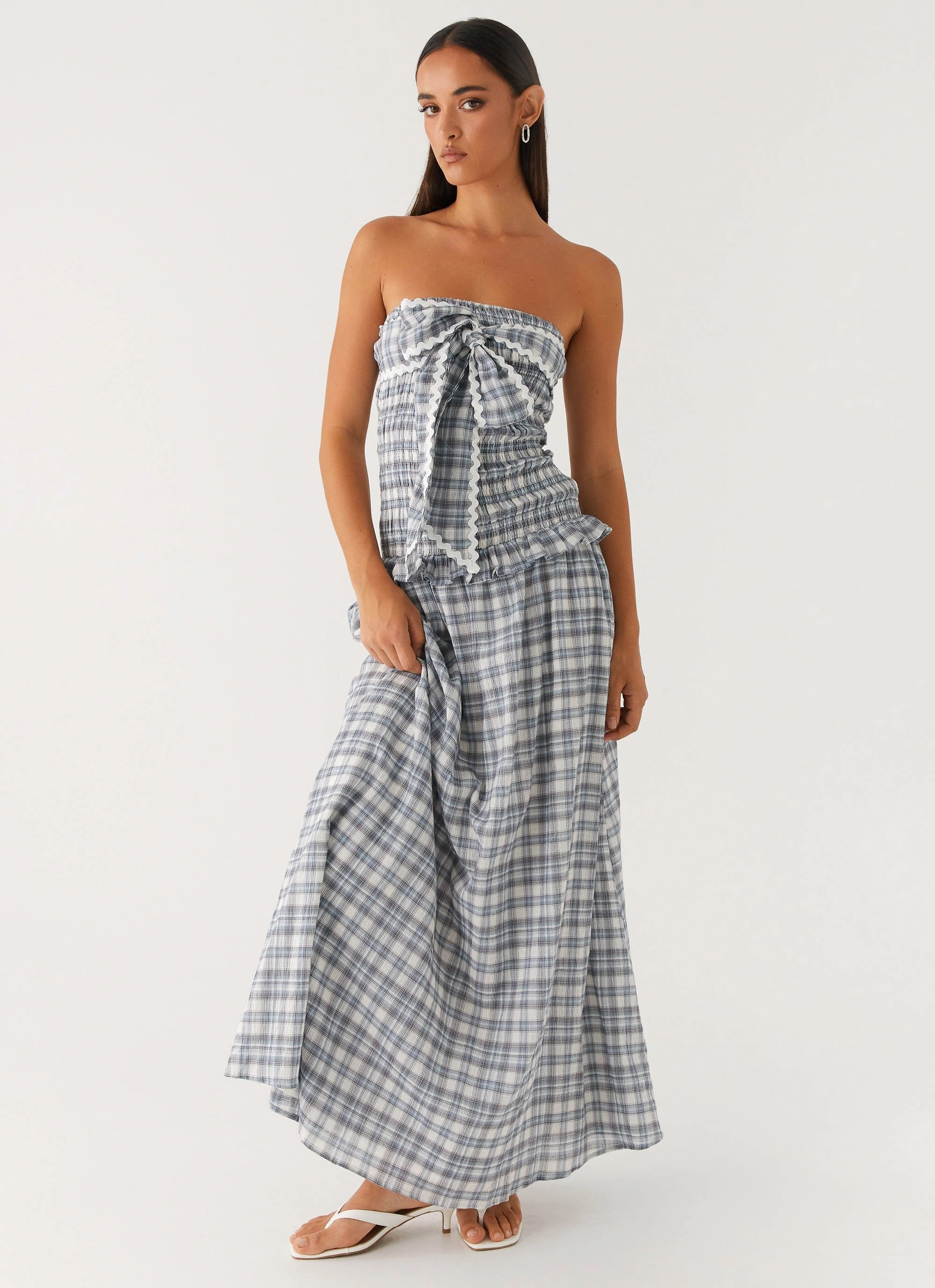 Malia Shirred Maxi Dress - Blue Grey Check Layer Base