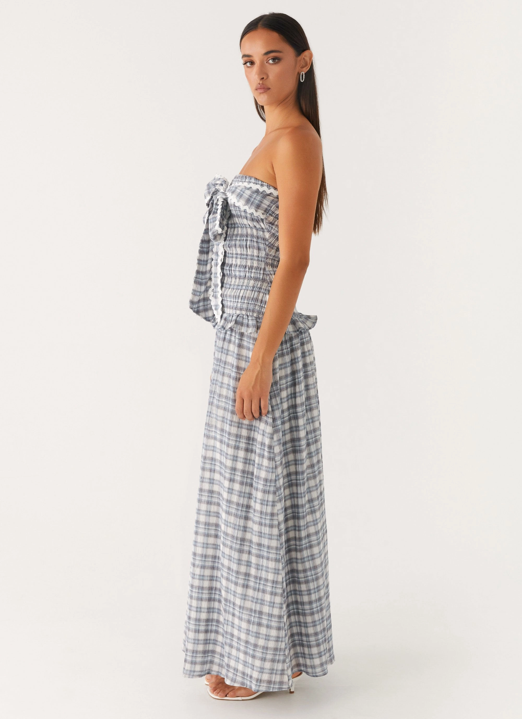 Odor-Control Lounge Ready Malia Shirred Maxi Dress - Blue Grey Check