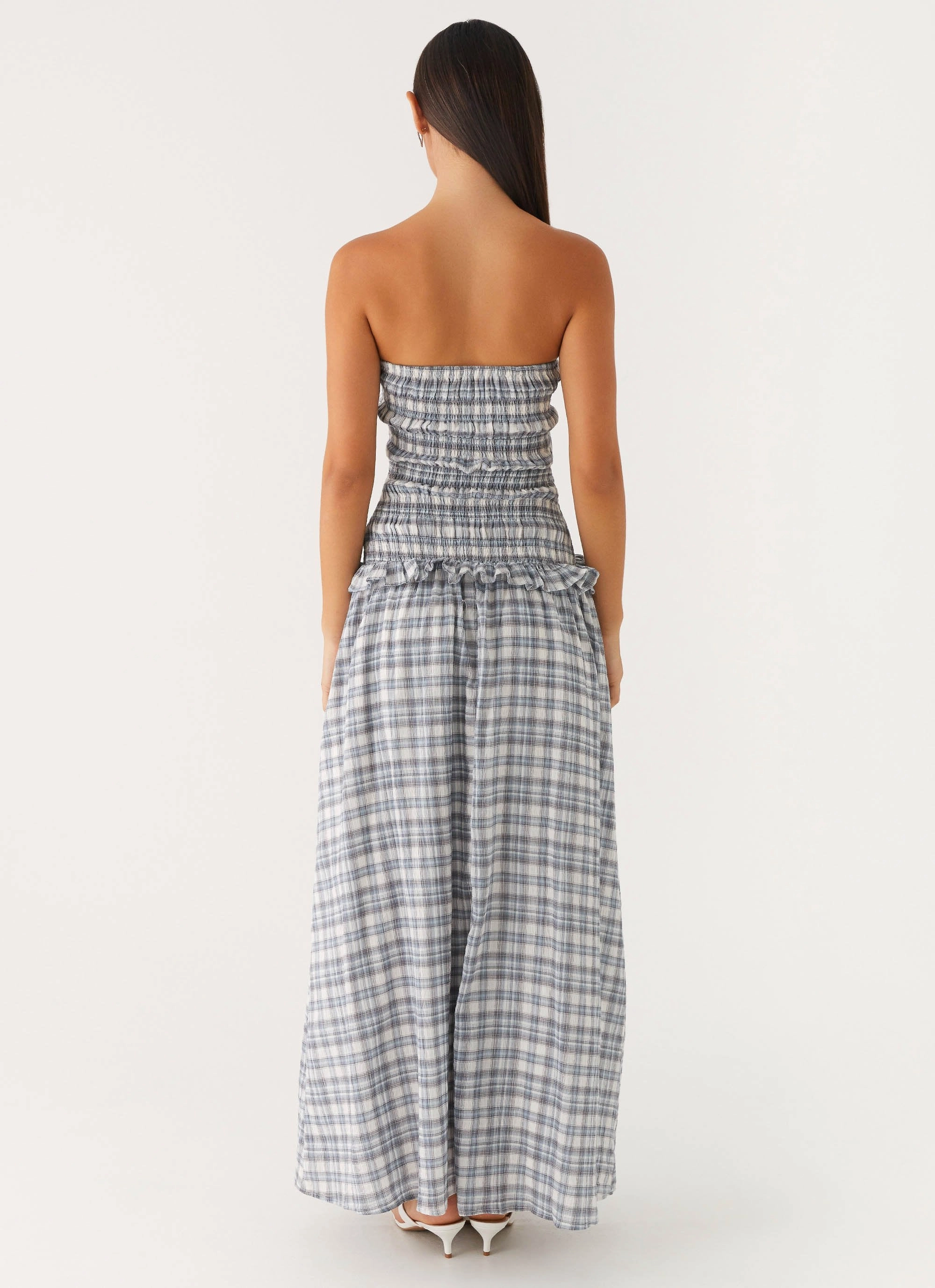 Malia Shirred Maxi Dress - Blue Grey Check Minimal Tone