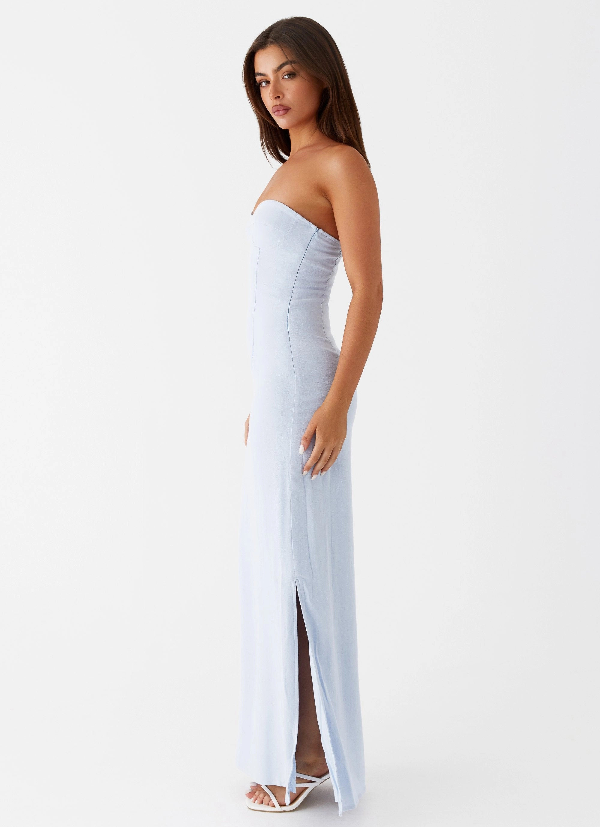 Esra Linen Strapless Maxi Dress - Blue Tassel-Detail