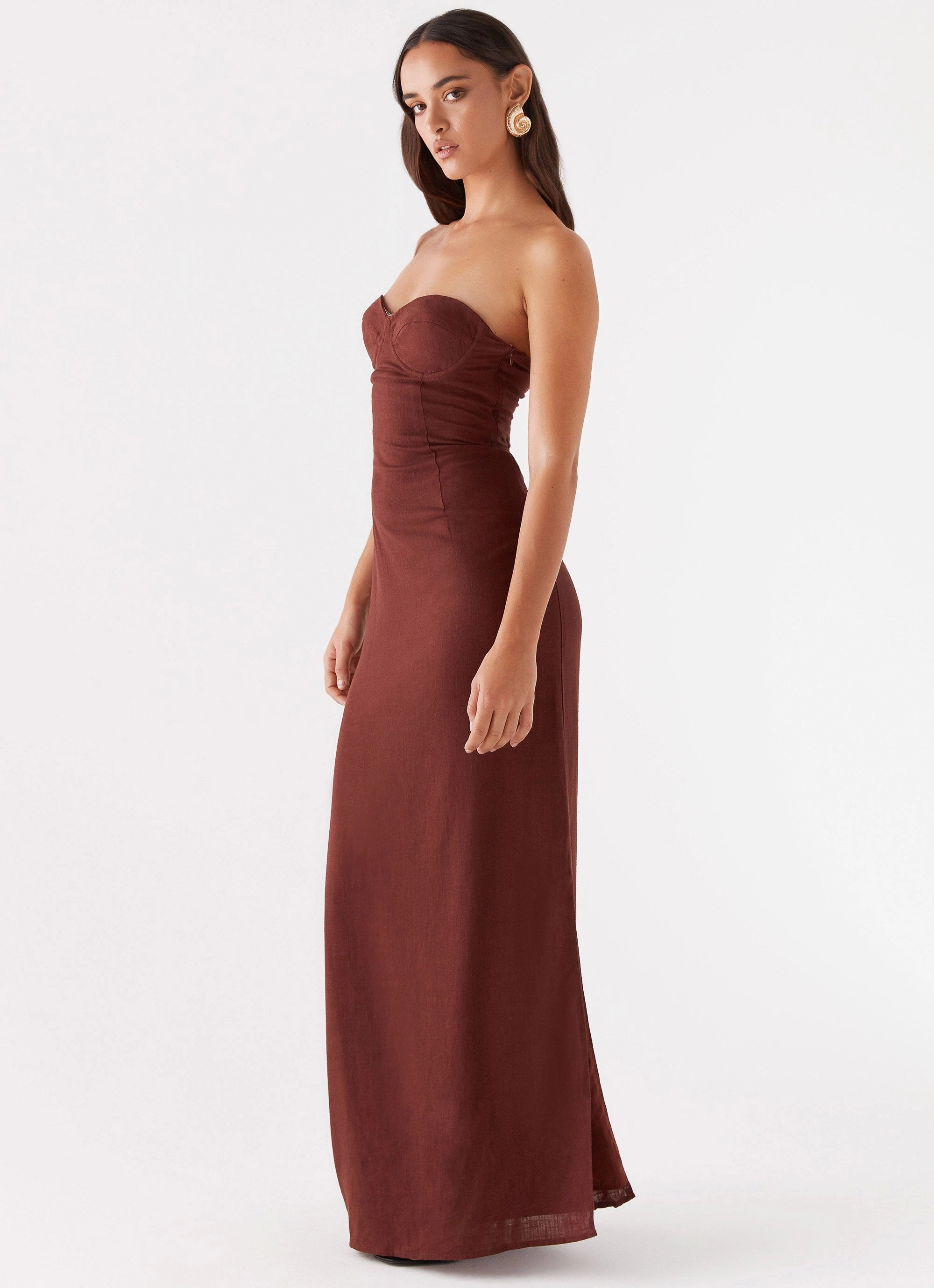 Flattering Waist Design All-day Comfort Esra Strapless Maxi Dress - Chocolate