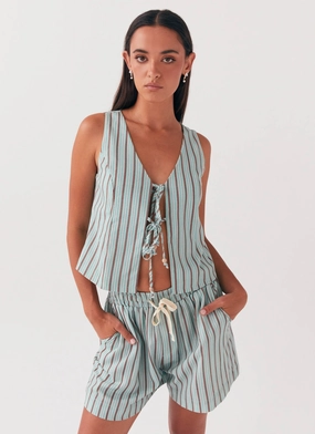 Allania Linen Shorts - Coastal Stripe Recycled Polyester Non Binding Waist