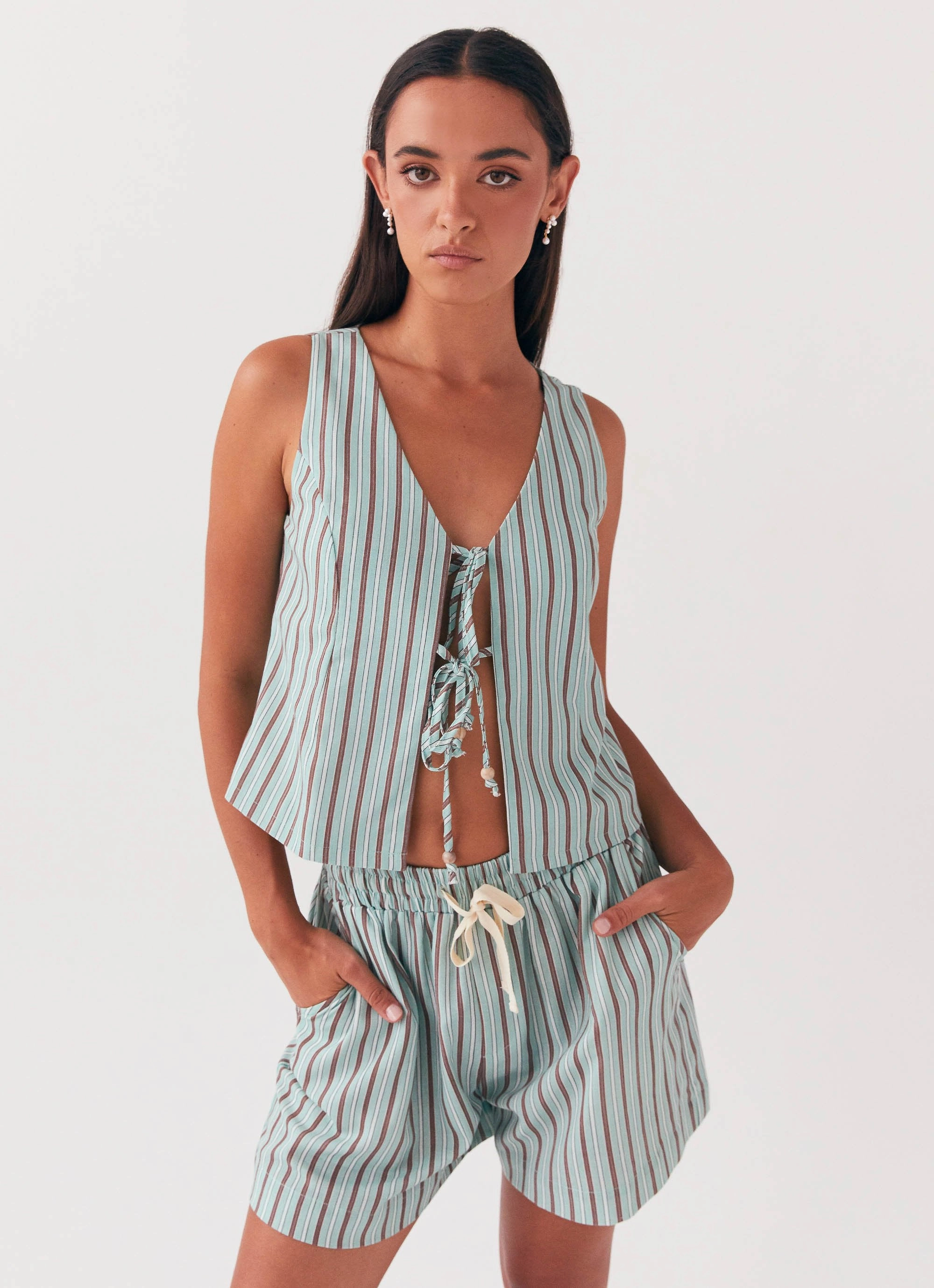 Allania Linen Shorts - Coastal Stripe Recycled Polyester Non Binding Waist
