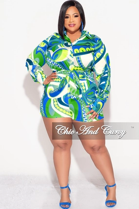Secure Closures Adjustable Belt Loops Final Sale Plus Size 2pc Satin Collar Button Up Shirt and Shorts Set in Green & Blue Multi-Color