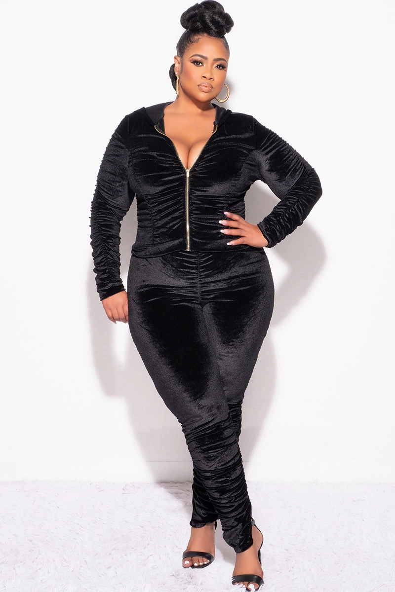 Final Sale Plus Size 2pc Ruched Hooded Zip-Up Top and Pants Set in Black Velvet Anti Slip Waistband Non Restrictive Cut