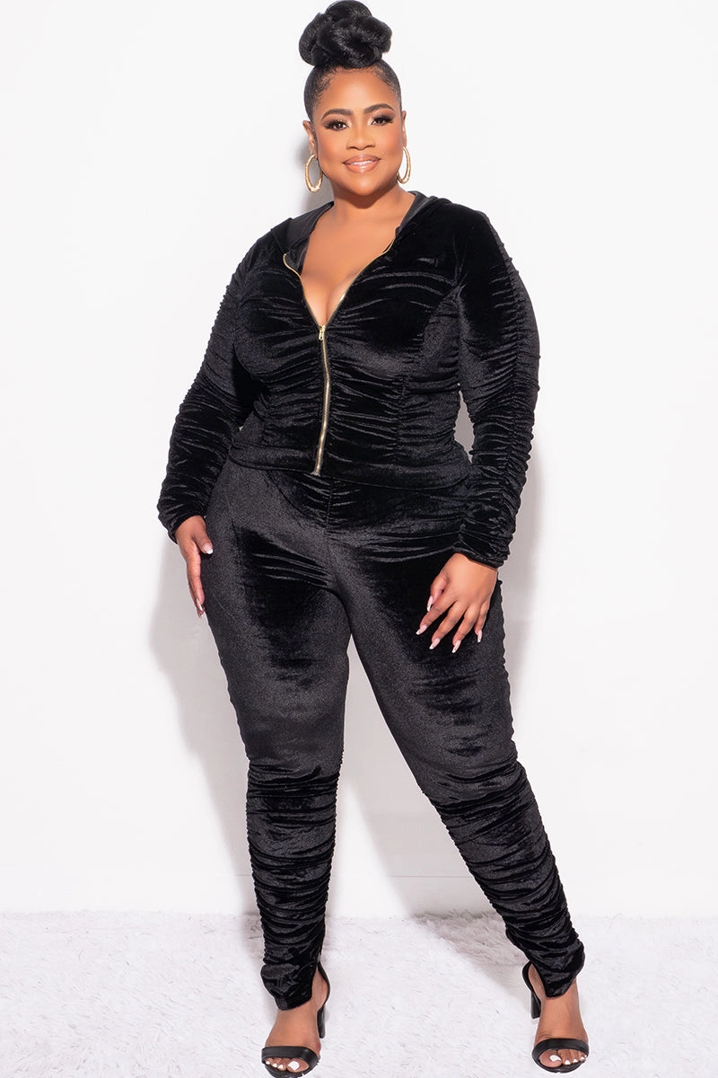 Final Sale Plus Size 2pc Ruched Hooded Zip-Up Top and Pants Set in Black Velvet Durable Twill NonSlipInnerGrip
