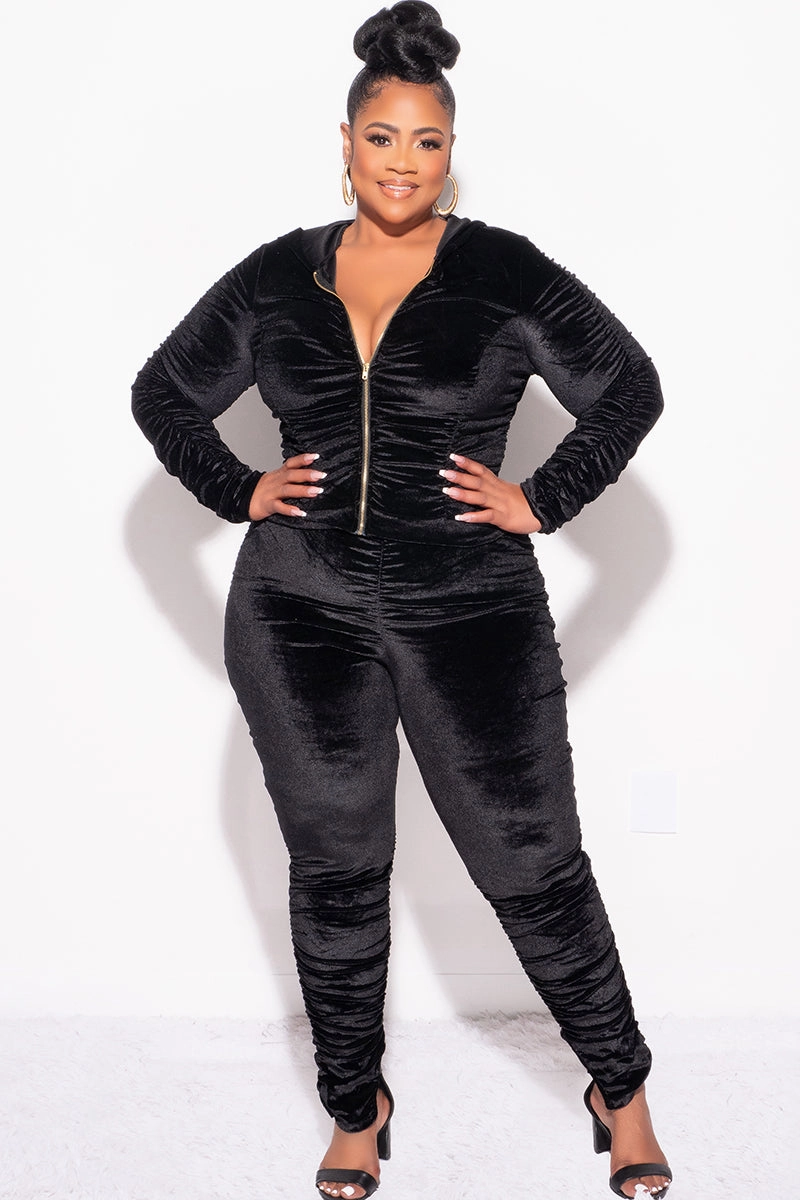 Final Sale Plus Size 2pc Ruched Hooded Zip-Up Top and Pants Set in Black Velvet DurablePolyester Layer Ready
