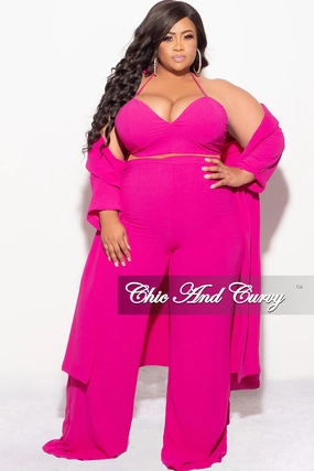Work Essential Hidden Zip Pockets Final Sale Plus Size 3pc (Duster, Crop Self Tie Top & Pants) Set in Fuchsia