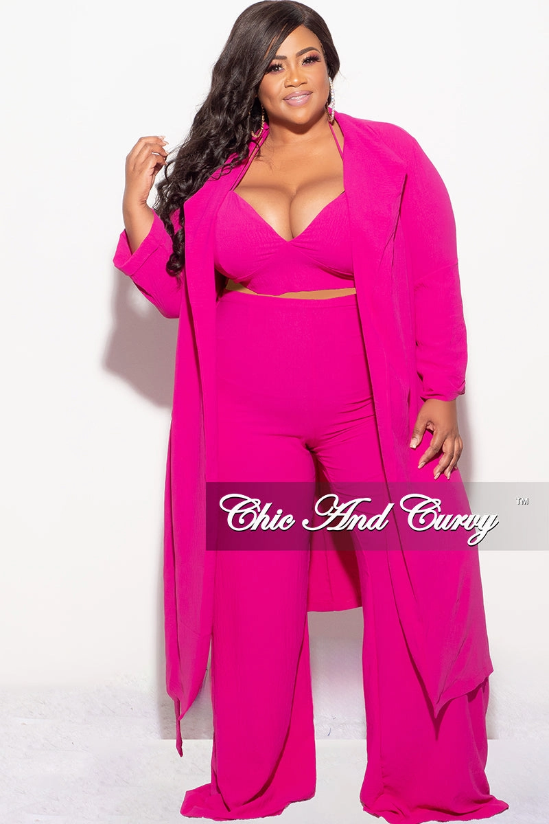 Final Sale Plus Size 3pc (Duster, Crop Self Tie Top & Pants) Set in Fuchsia Core Stretch Comfy Look