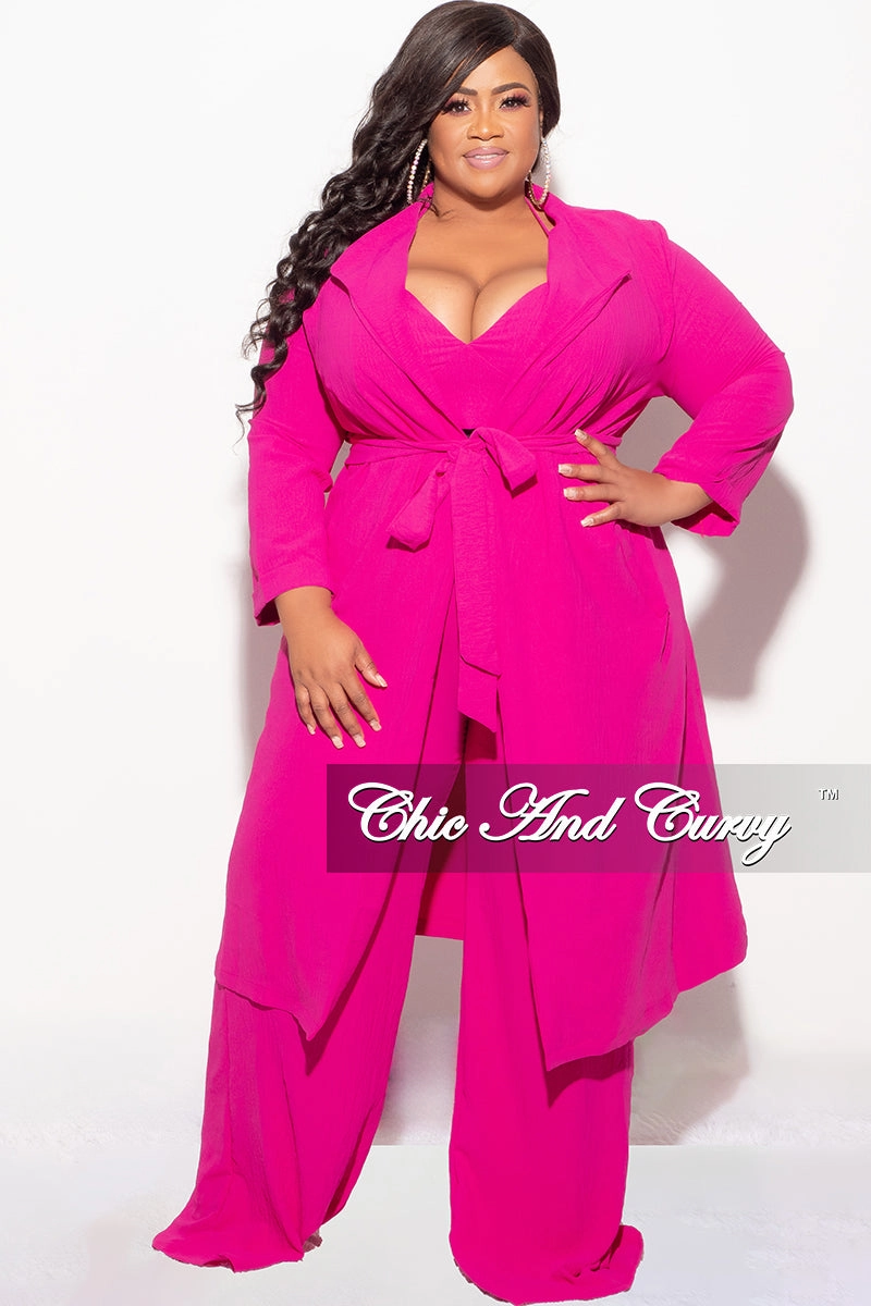 Zero Waste Manufacturing Final Sale Plus Size 3pc (Duster, Crop Self Tie Top & Pants) Set in Fuchsia
