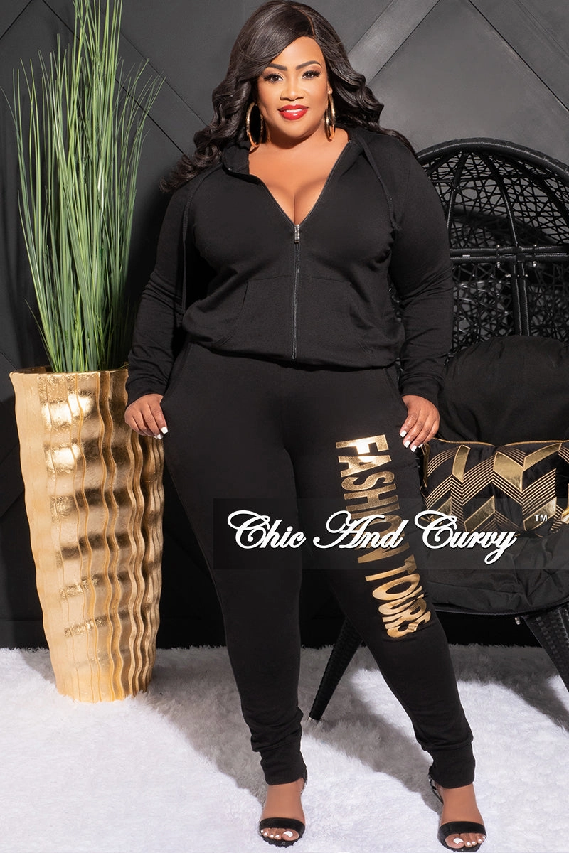 Final Sale Plus Size Fashion Tours Hooded Jogging Set in Black Outdoor Friendly Active Comfort Wear