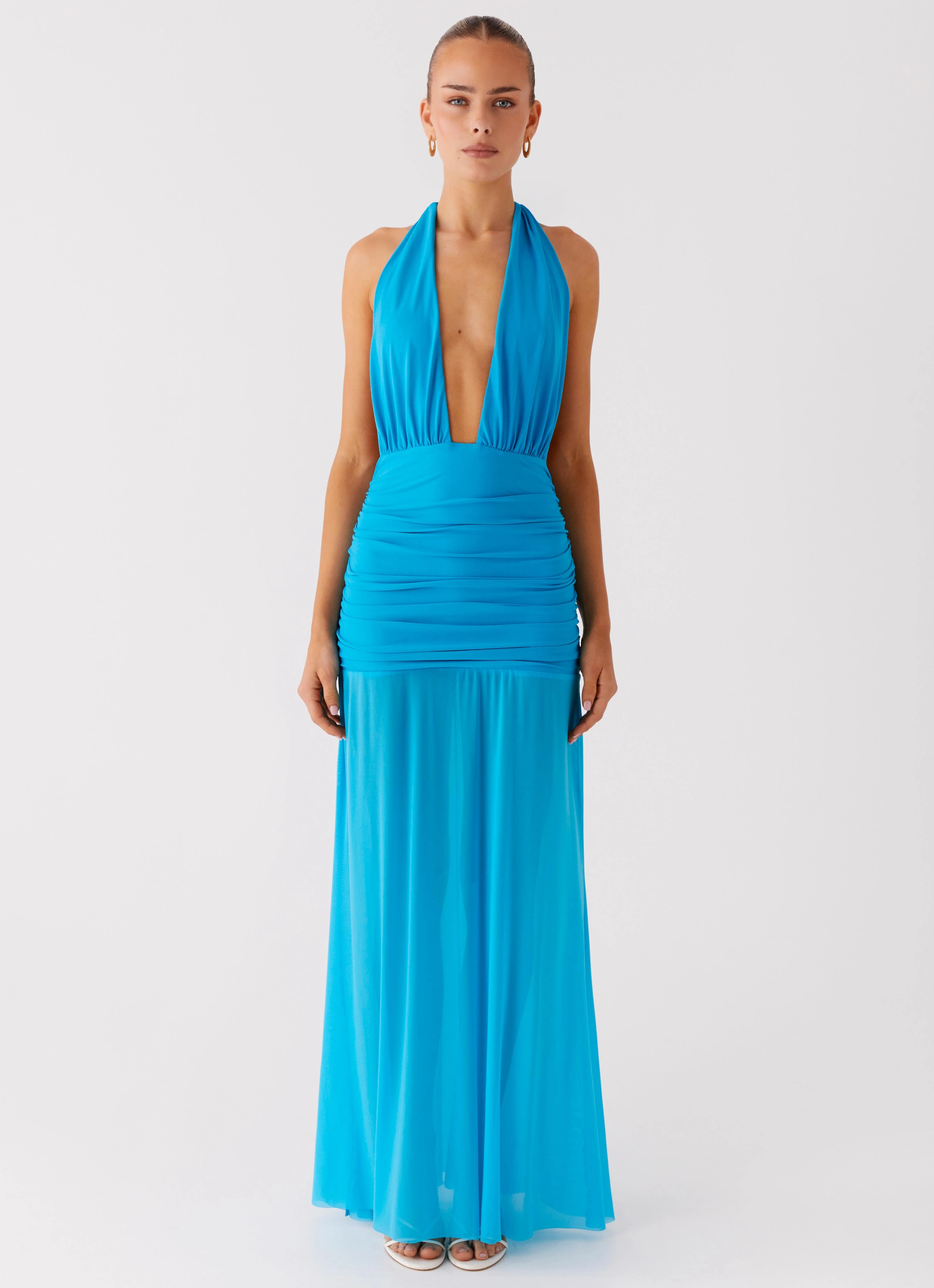 Button-front Dilemma Halter Maxi Dress - Turquoise Blue